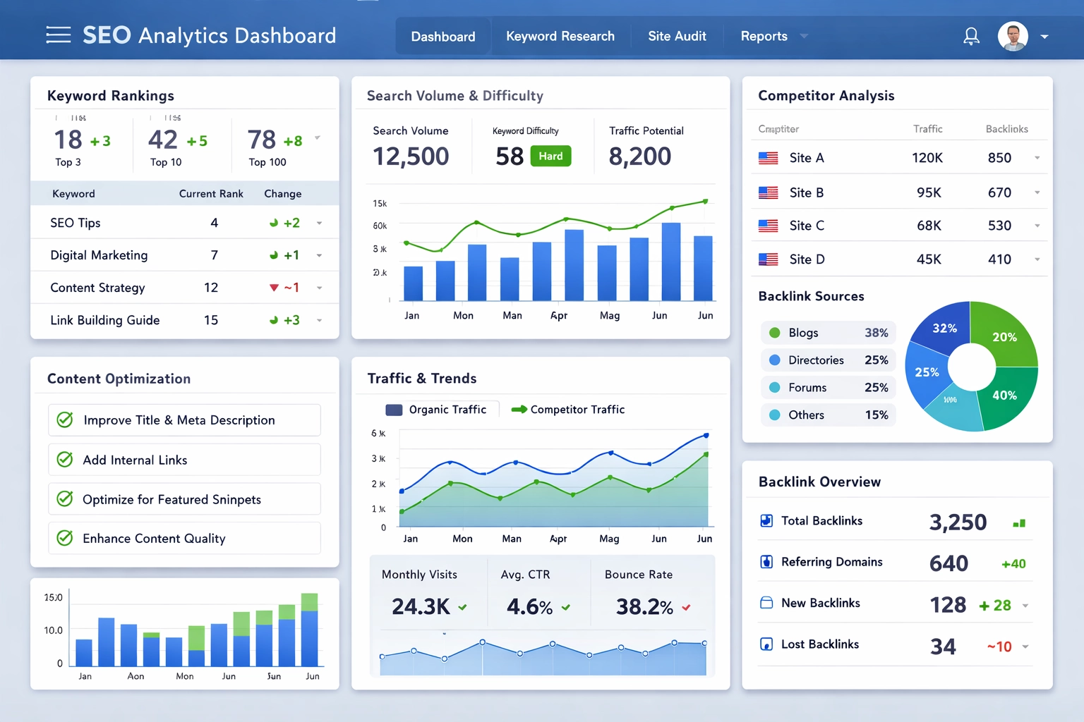 Modernes Analytics-Dashboard zeigt SEO-Kennzahlen und Performance-Daten