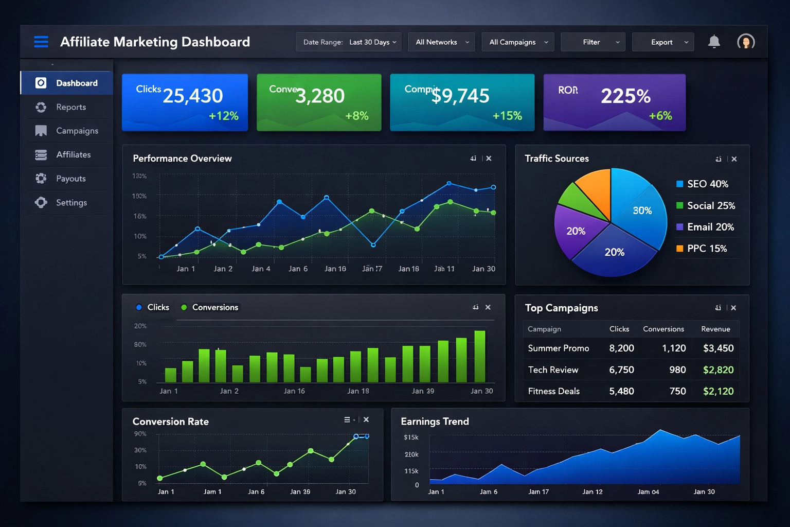 Affiliate-Marketing-Dashboard mit Echtzeit-Analysen und Leistungskennzahlen