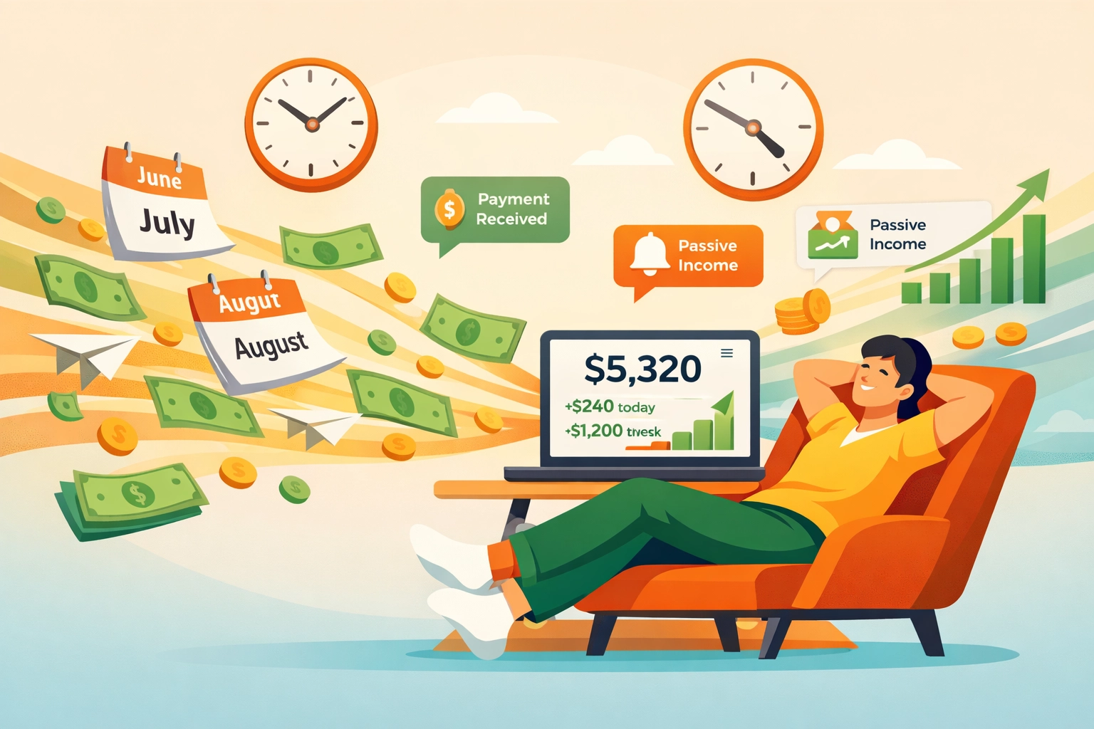 Person entspannt sich, während passives Einkommen aus mehreren Quellen fließt