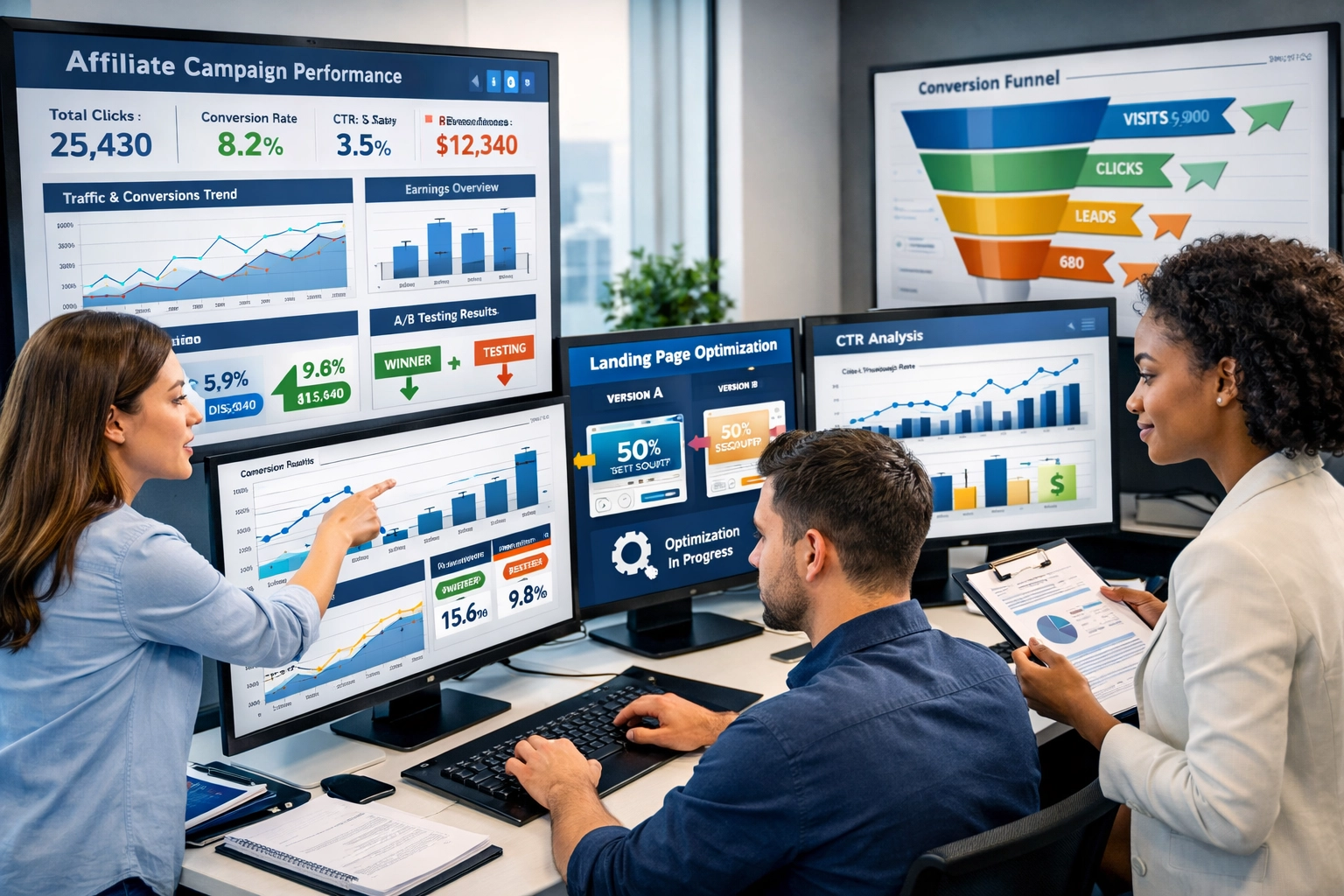 Analyse-Dashboard mit Performance-Metriken von Affiliate-Kampagnen und Team bei der Datenauswertung