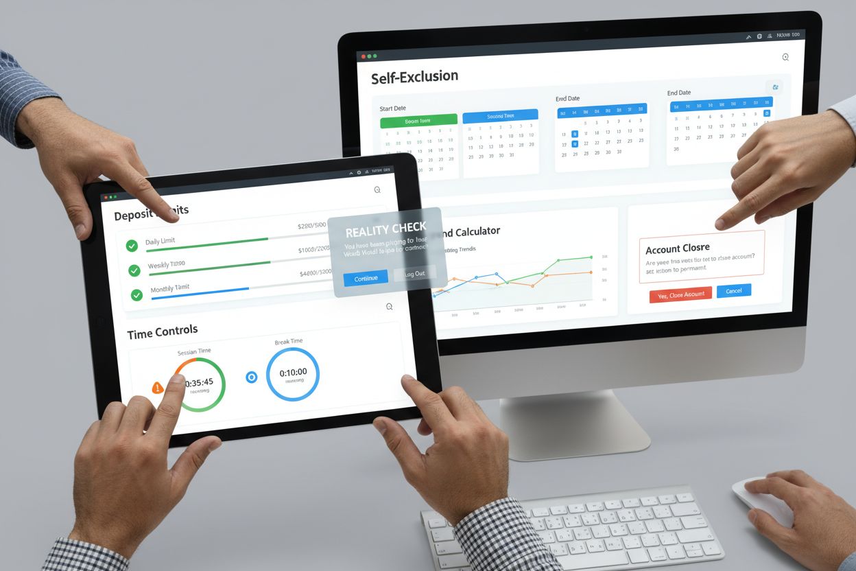 Dashboard für Spielerschutz-Tools mit Einzahlungslimits, Zeitkontrollen und Selbstsperre-Optionen