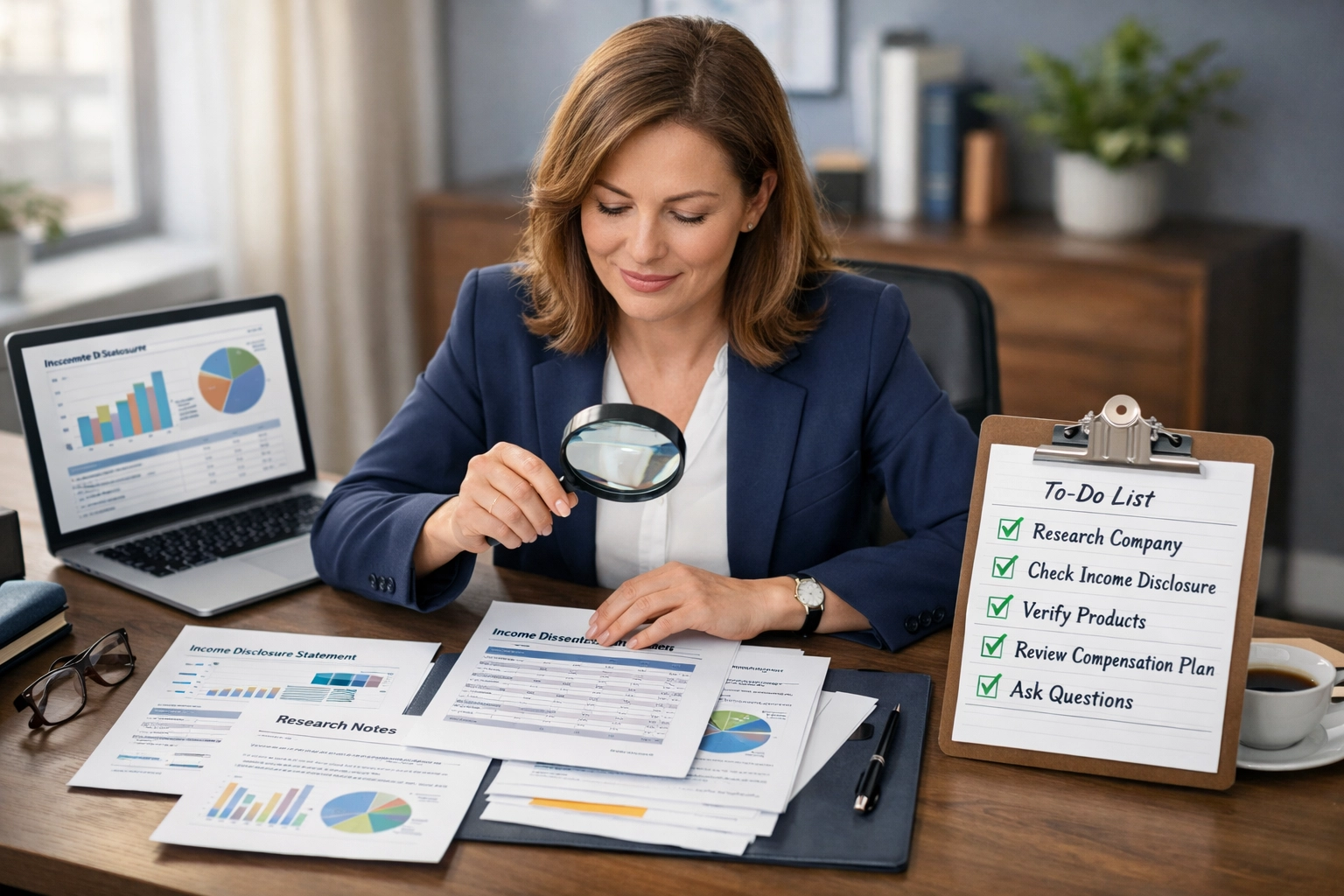 Geschäftsperson bewertet und recherchiert eine Geschäftsmöglichkeit mit Dokumenten und Checkliste