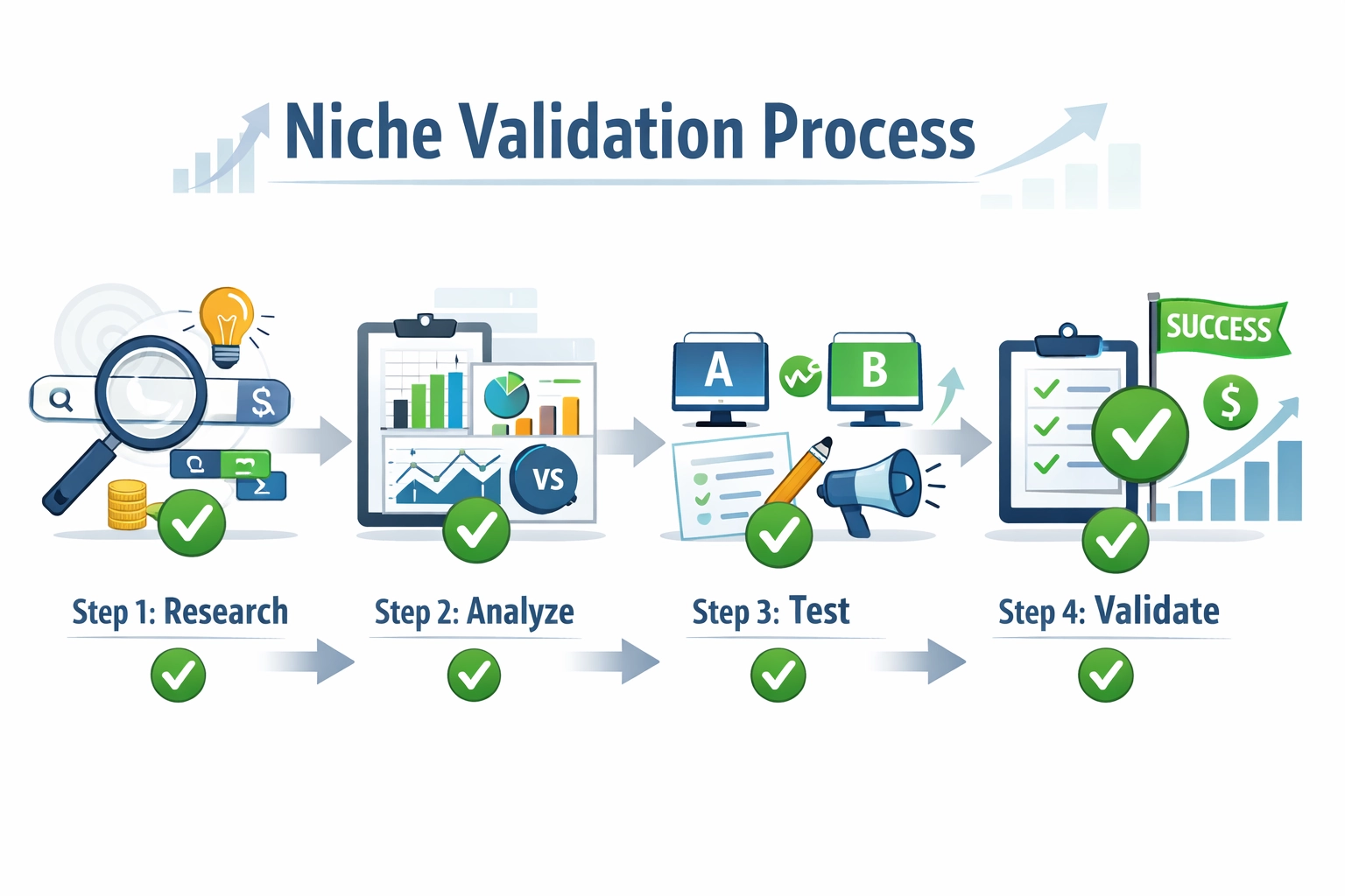 Ablaufdiagramm zur Nischenvalidierung mit systematischen Schritten: Recherchieren, Analysieren, Testen und Validieren