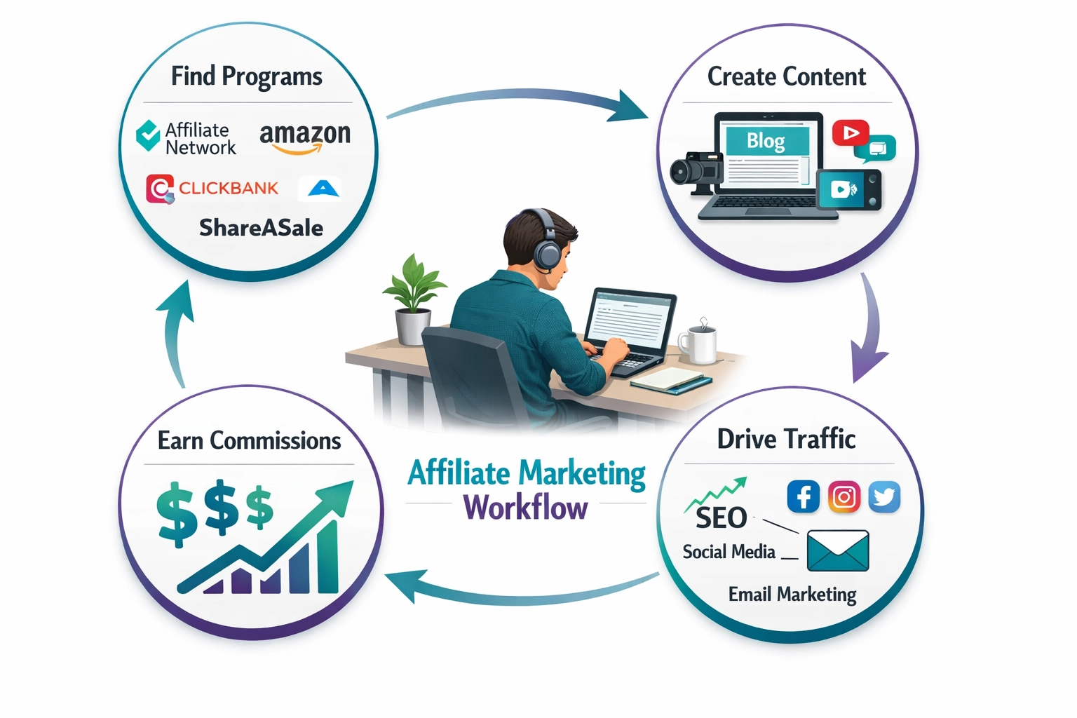 Ablauf Affiliate-Marketing mit vier Schritten: Programme finden, Content erstellen, Traffic generieren und Provisionen verdienen