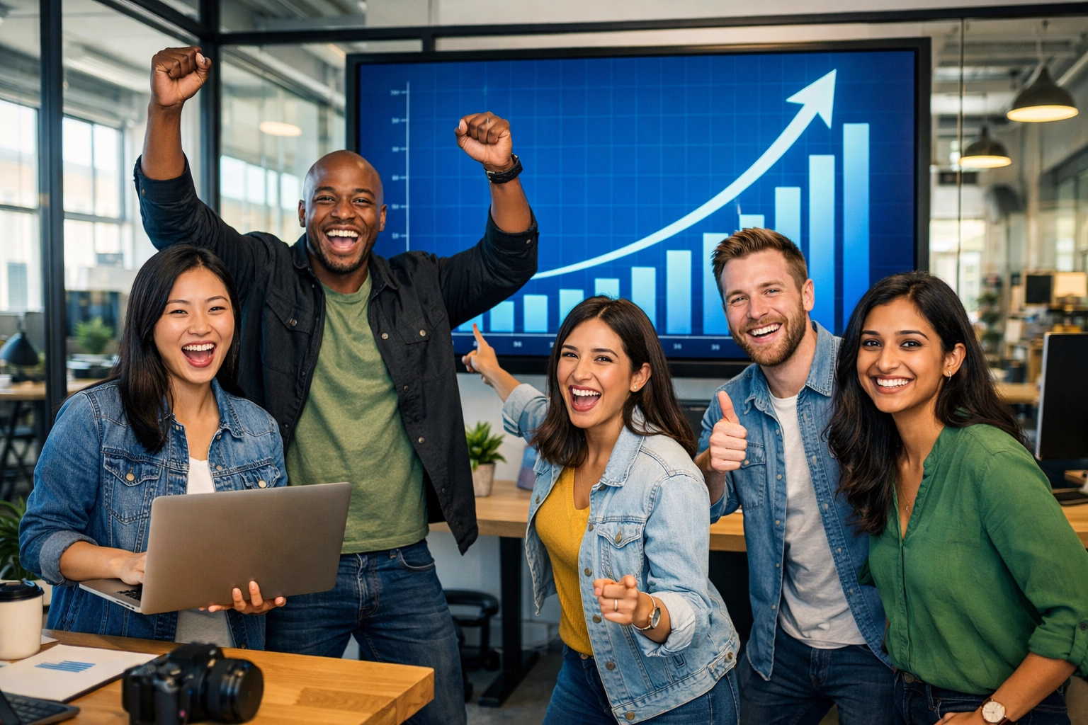 Vielseitiges Tech-Startup-Team feiert Erfolg, im Hintergrund ein Bildschirm mit wachsendem Wachstumstrend