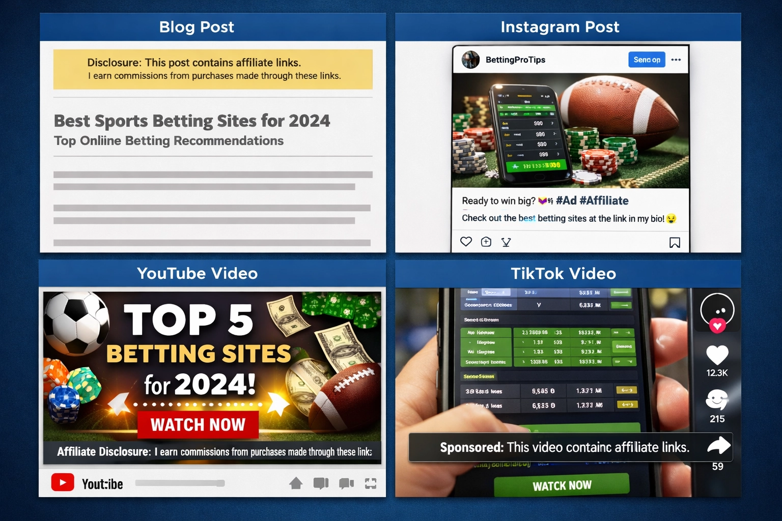 Affiliate disclosure examples across blog, Instagram, YouTube, and TikTok platforms
