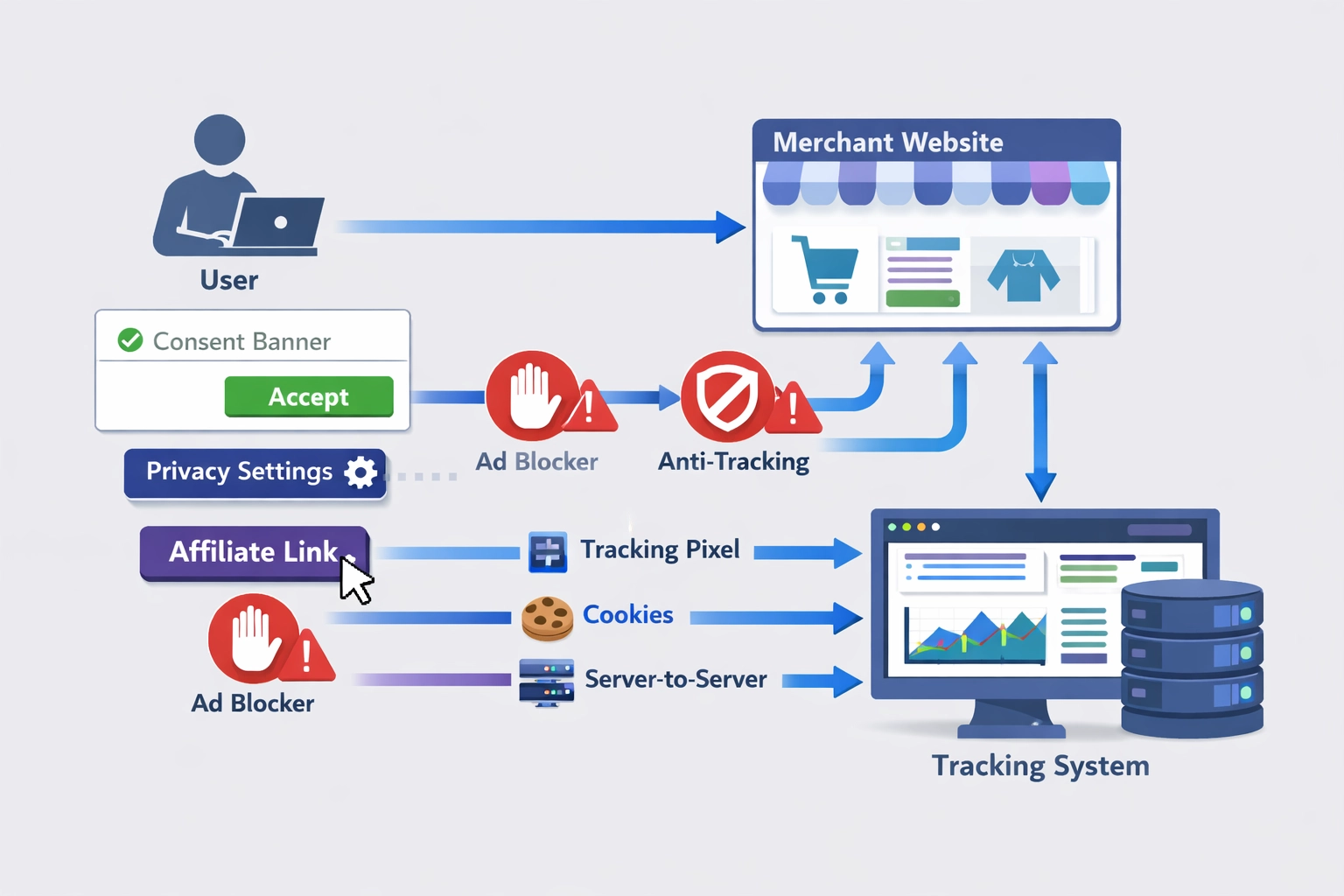 Affiliate-Tracking-Infrastruktur und Datenflussdiagramm