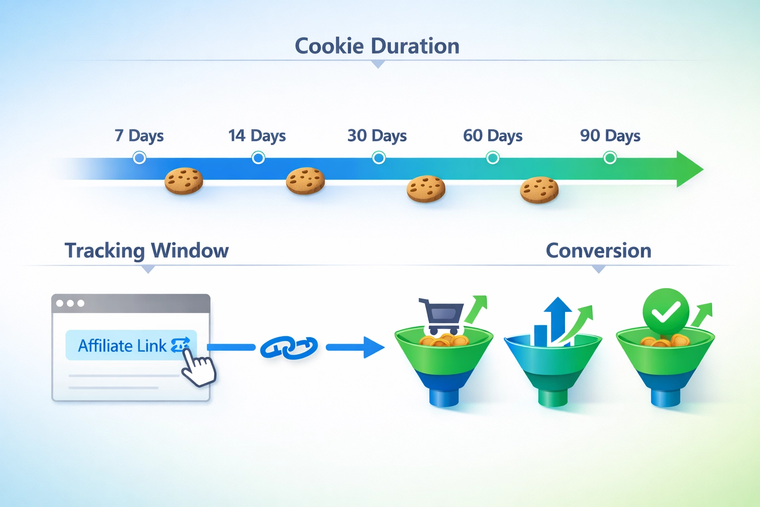 Affiliate-Marketing Cookie-Tracking-Zeitleiste mit Conversion-Fenstern