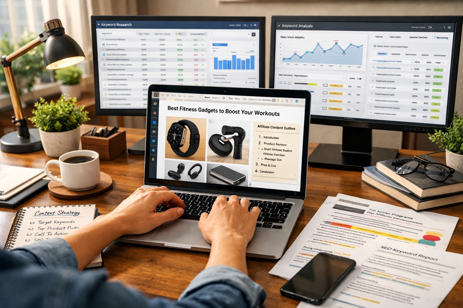 Content Creator arbeitet an einem Affiliate-Marketing-Blogbeitrag mit Keyword-Recherche und Produktanalyse