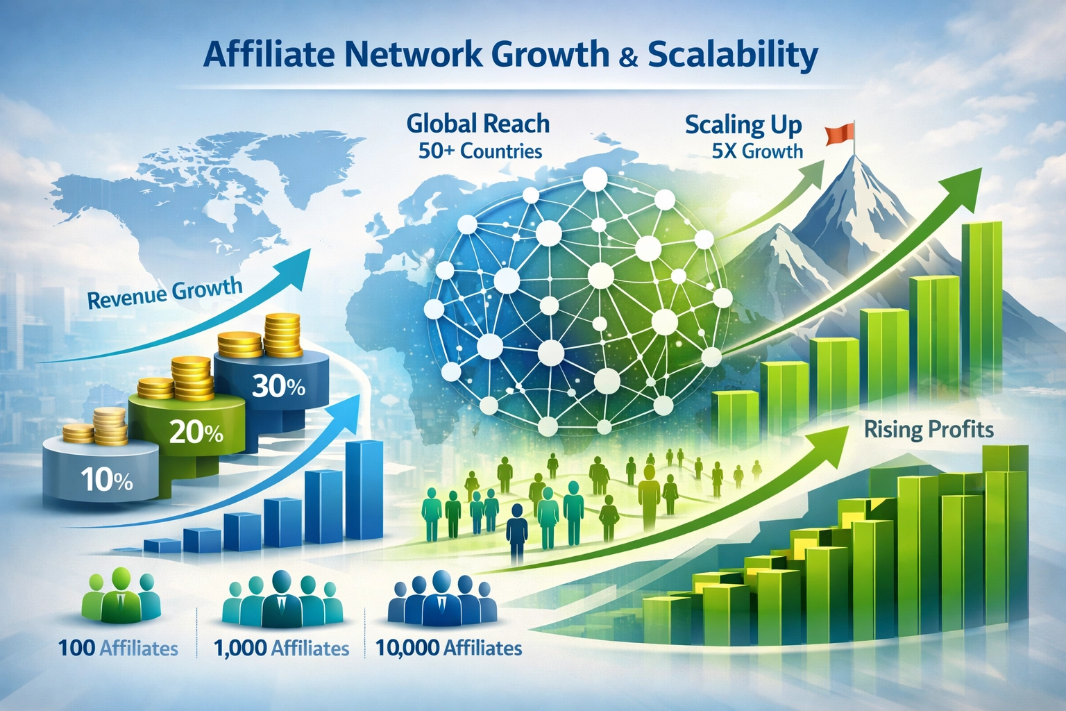 Affiliate network growth and scalability visualization showing exponential business expansion