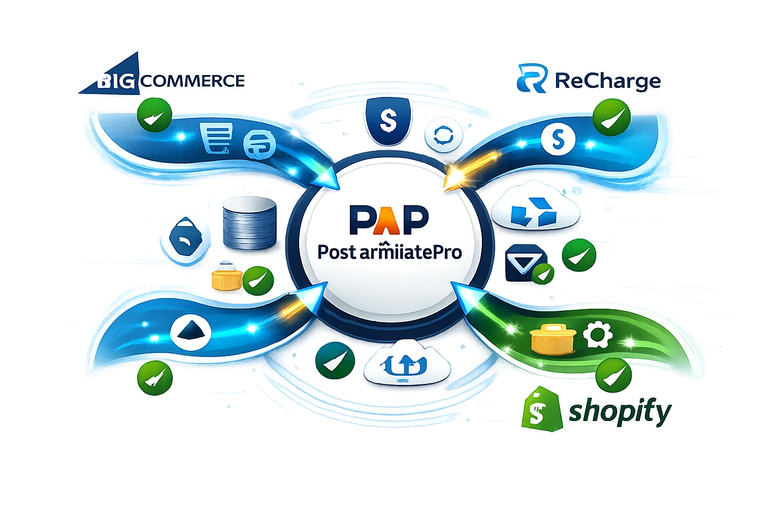 Integrationsökosystem mit BigCommerce, ReCharge und Shopify verbunden mit PostAffiliatePro