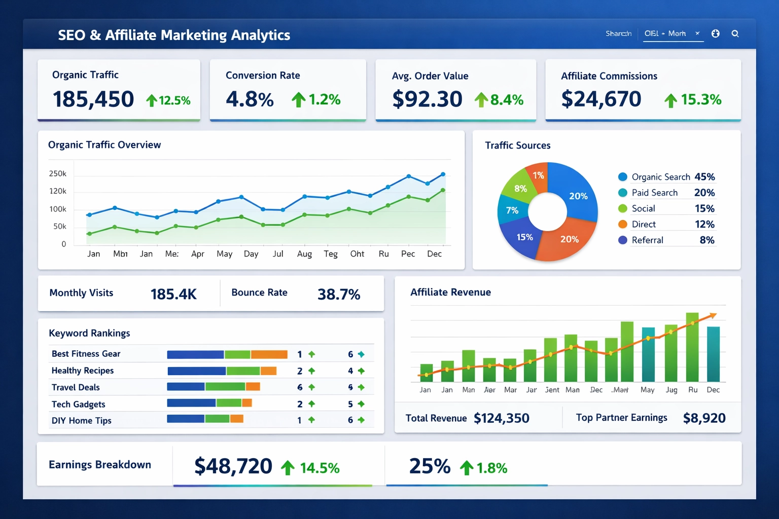 Analytics-Dashboard mit SEO-Metriken, organischen Traffic-Trends und Affiliate-Marketing-Performance-Daten