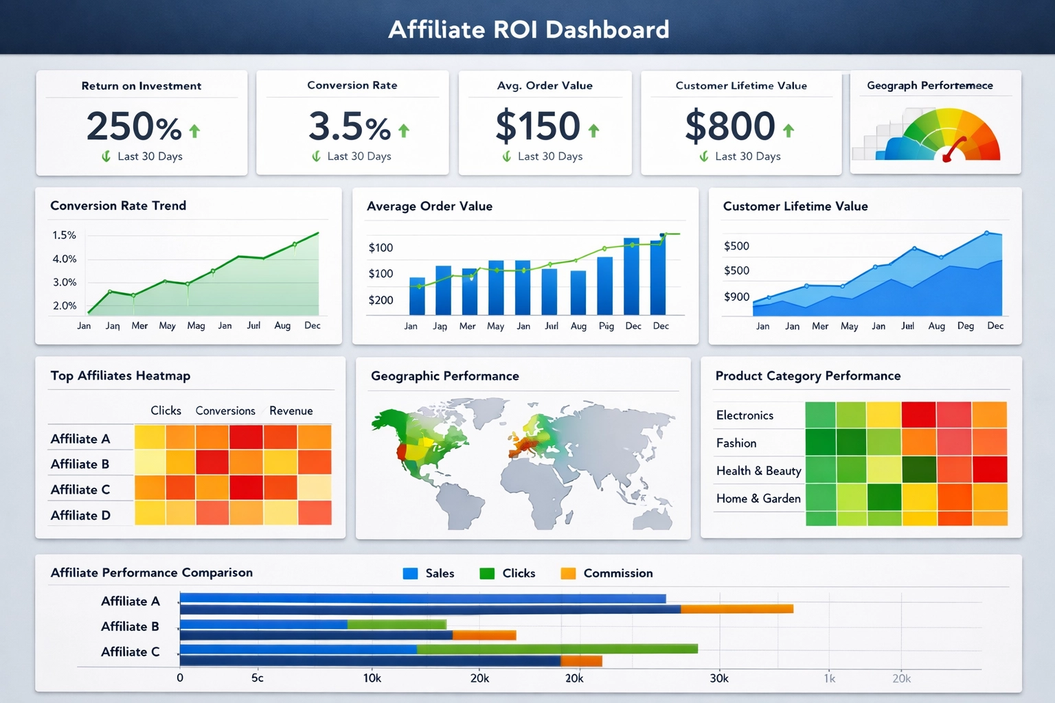 Professionelles Analytics-Dashboard mit Affiliate-ROI-Kennzahlen und Performance-Analyse