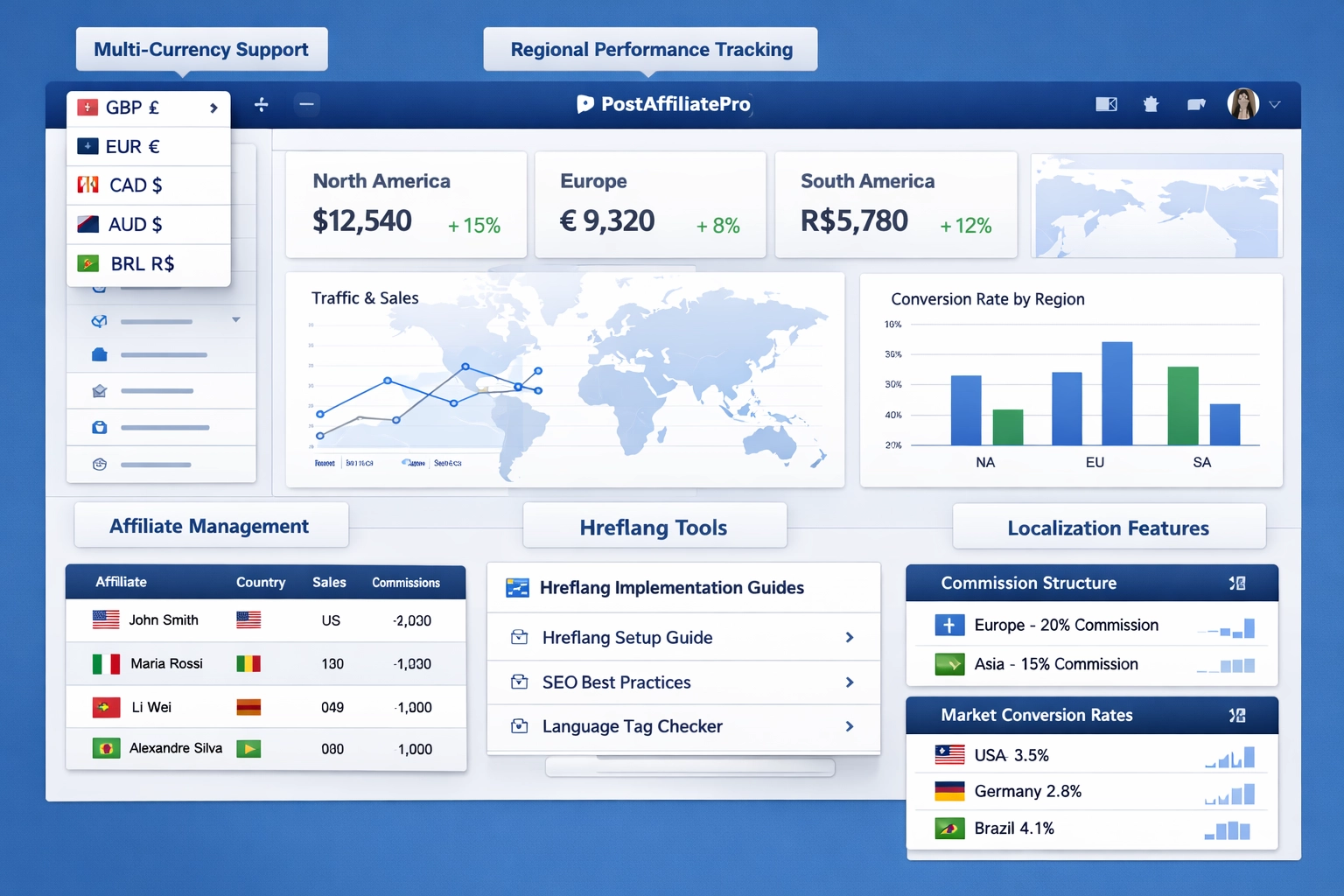 PostAffiliatePro dashboard showing international affiliate management features and multi-currency support