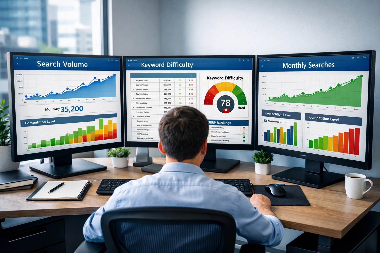 Professioneller Arbeitsplatz mit mehreren Monitoren, die Keyword-Recherche-Analysen, Dashboard und Suchdaten zeigen