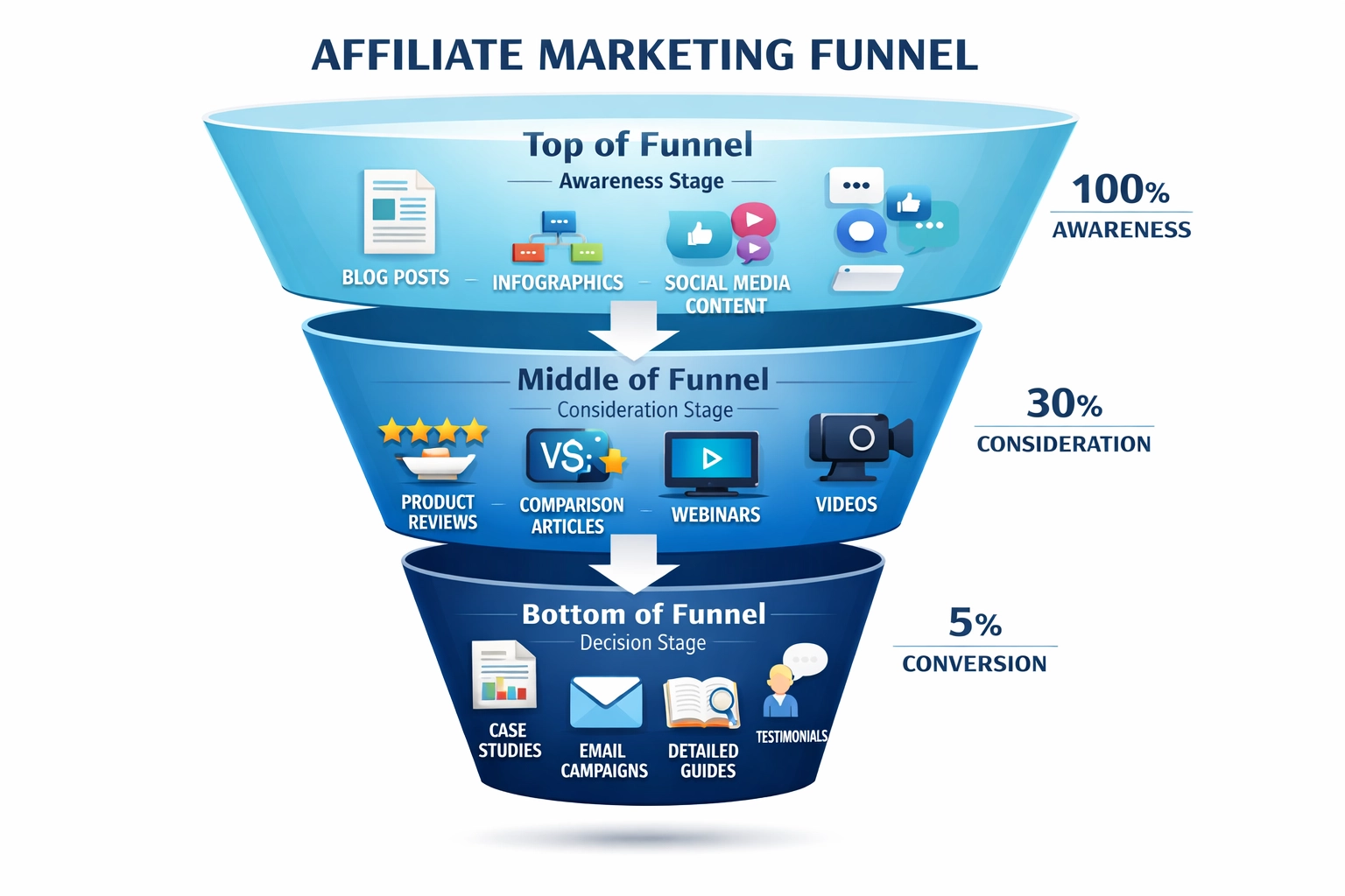 Affiliate-Marketing-Funnel mit Content-Typen in jeder Phase