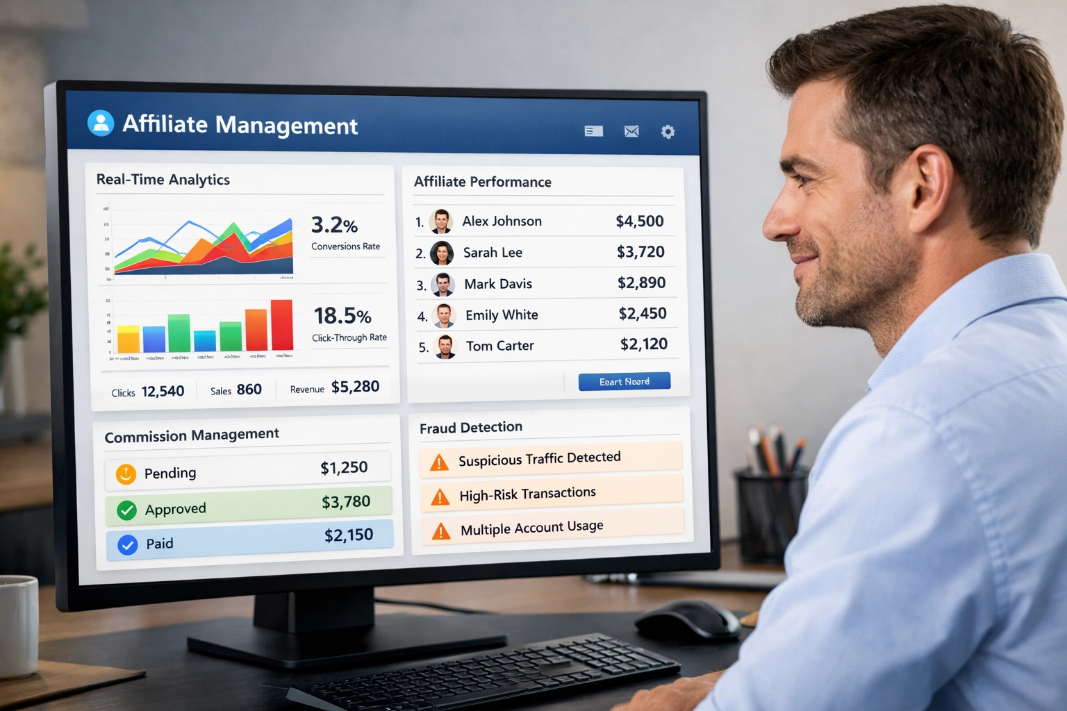 Affiliate-Management-Software-Dashboard mit Analysen, Leistungskennzahlen und Betrugserkennung