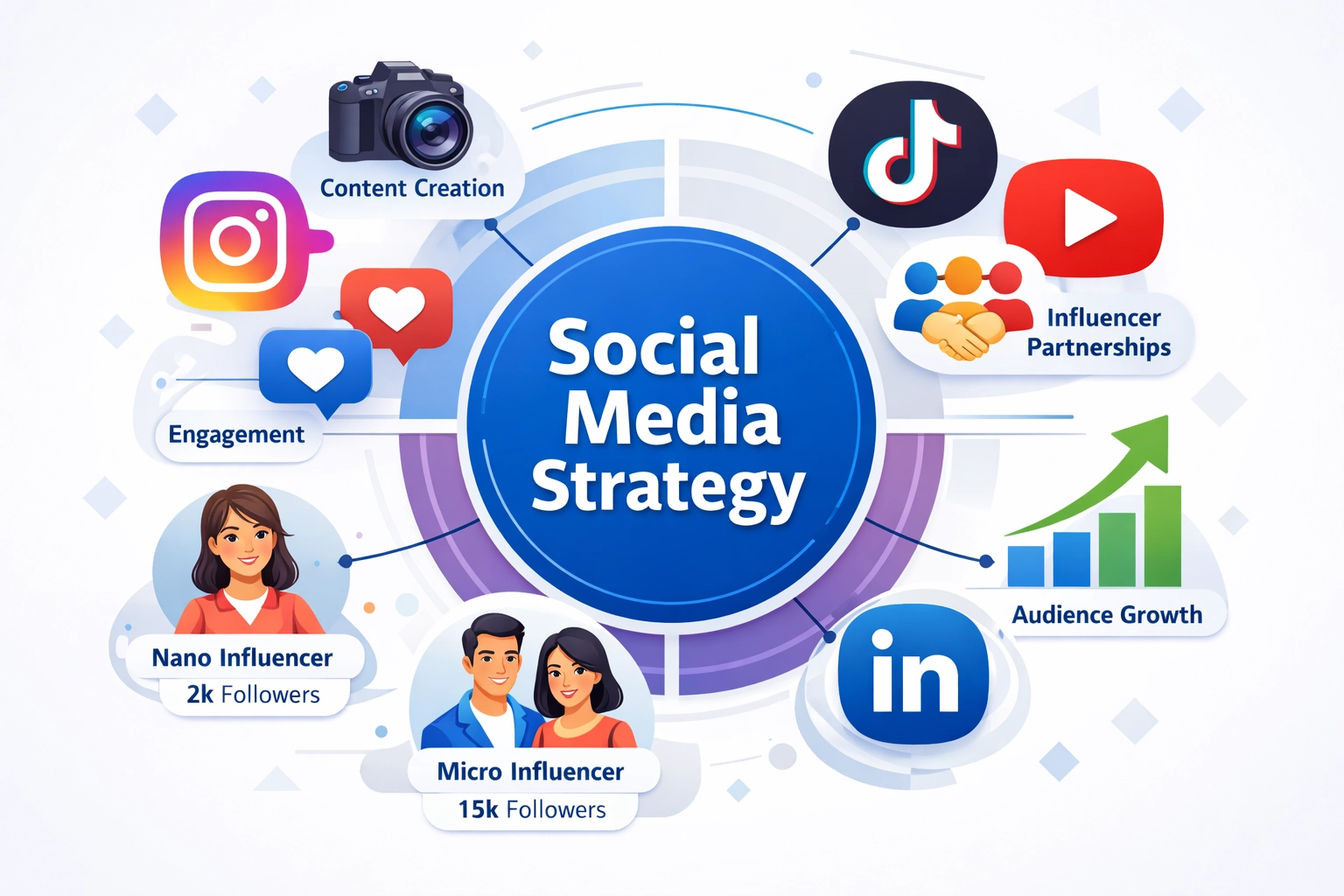 Social media marketing strategy illustration showing platforms and engagement tactics