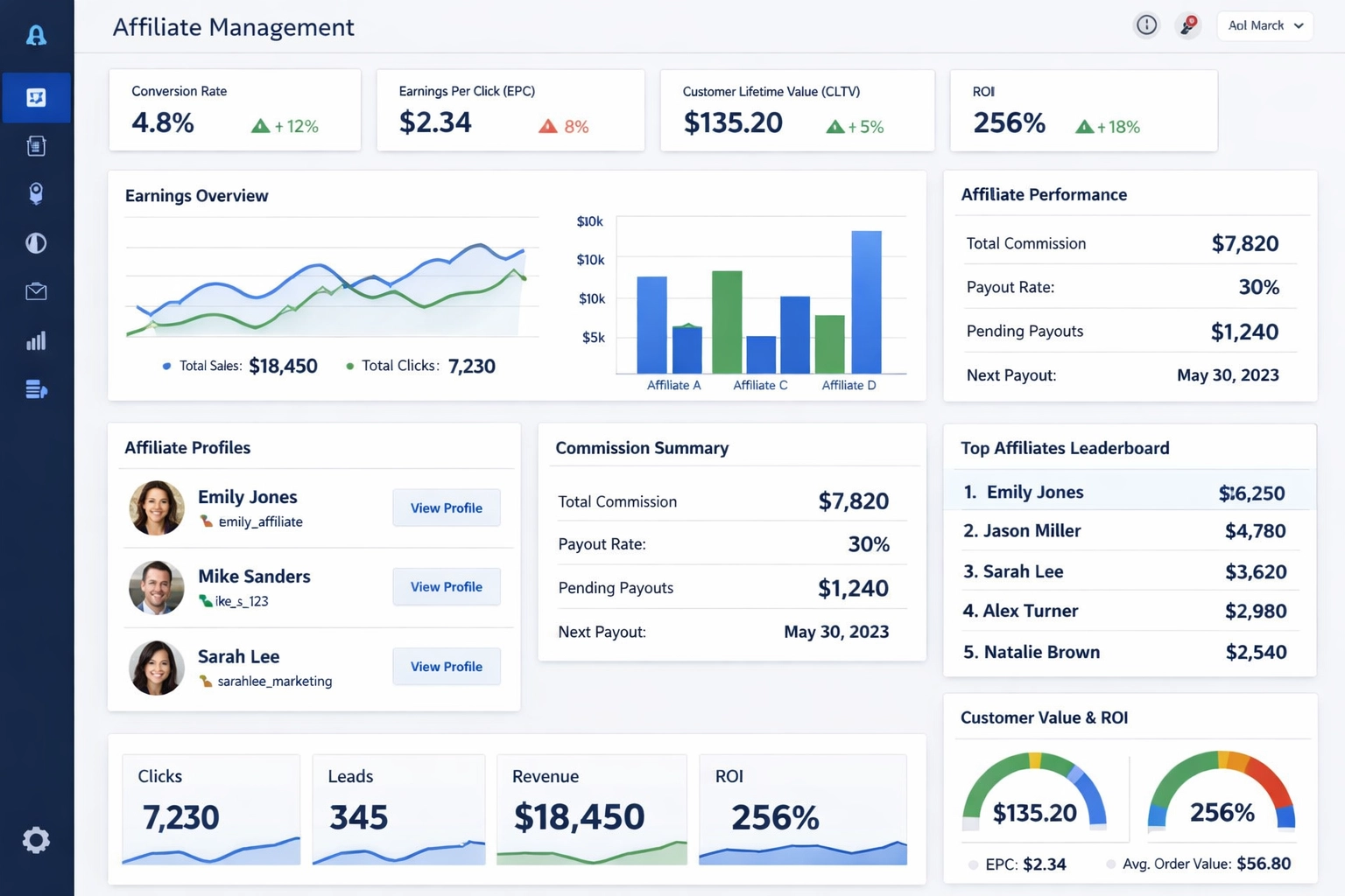 Modern affiliate management dashboard showing performance metrics and analytics