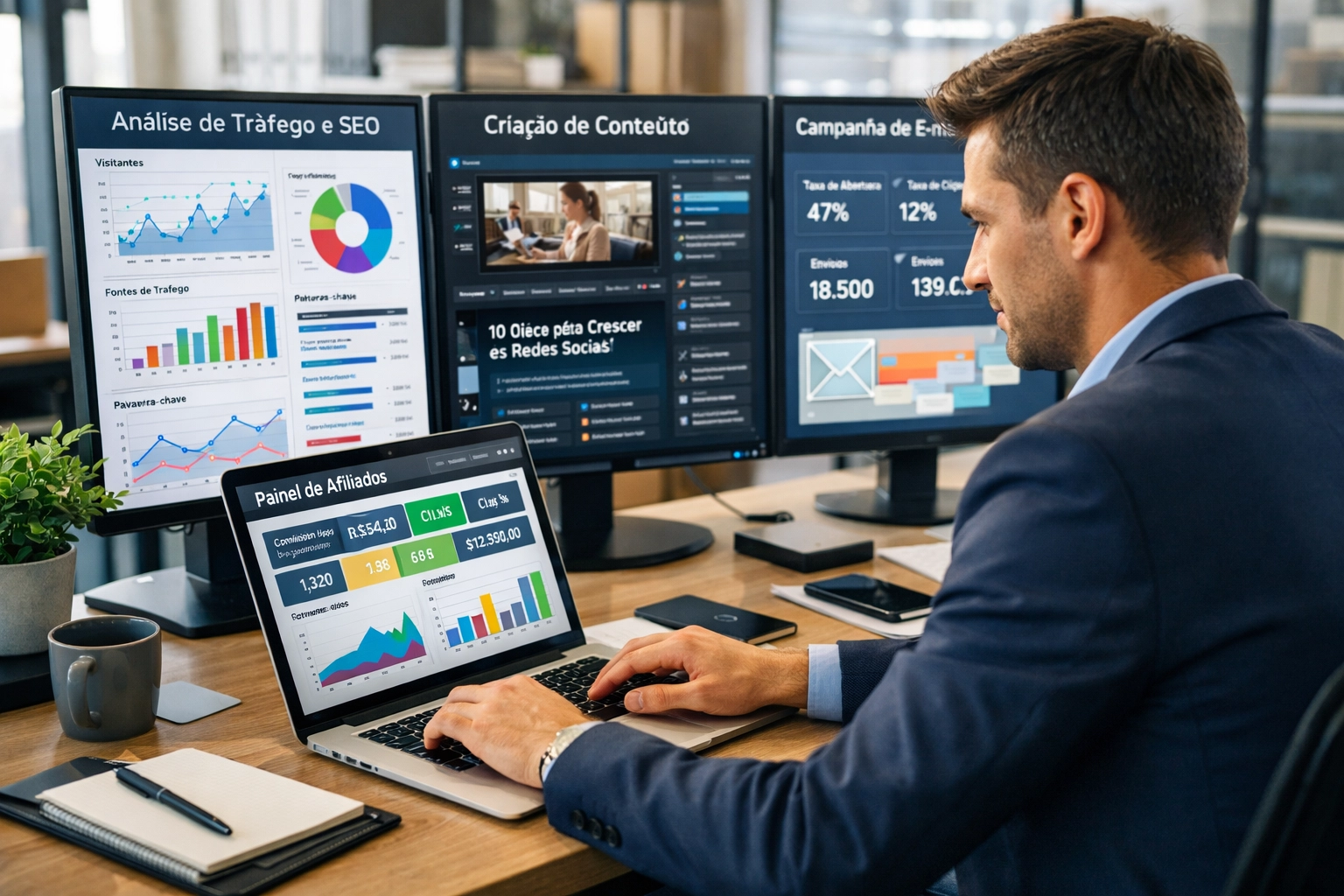 Digitaler Marketer arbeitet an Affiliate-Marketing-Strategie mit mehreren Analyse-Dashboards