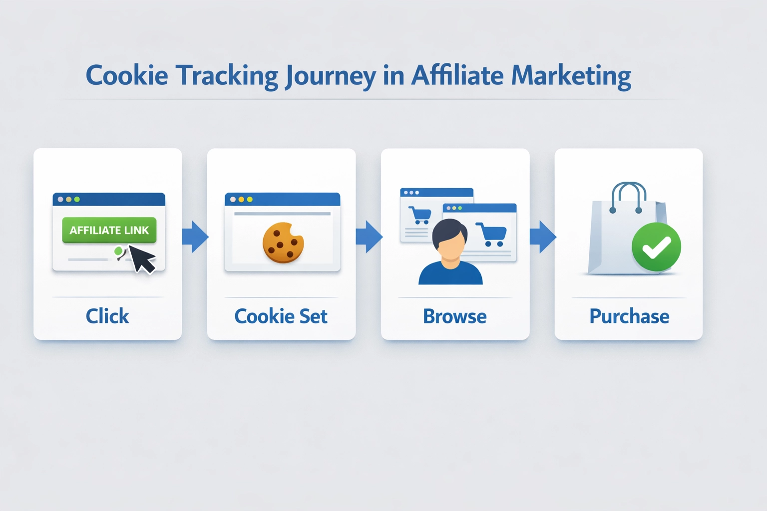 Cookie-Tracking-Reise mit Klick, Cookie-Setzung, Browsing und Kaufphasen