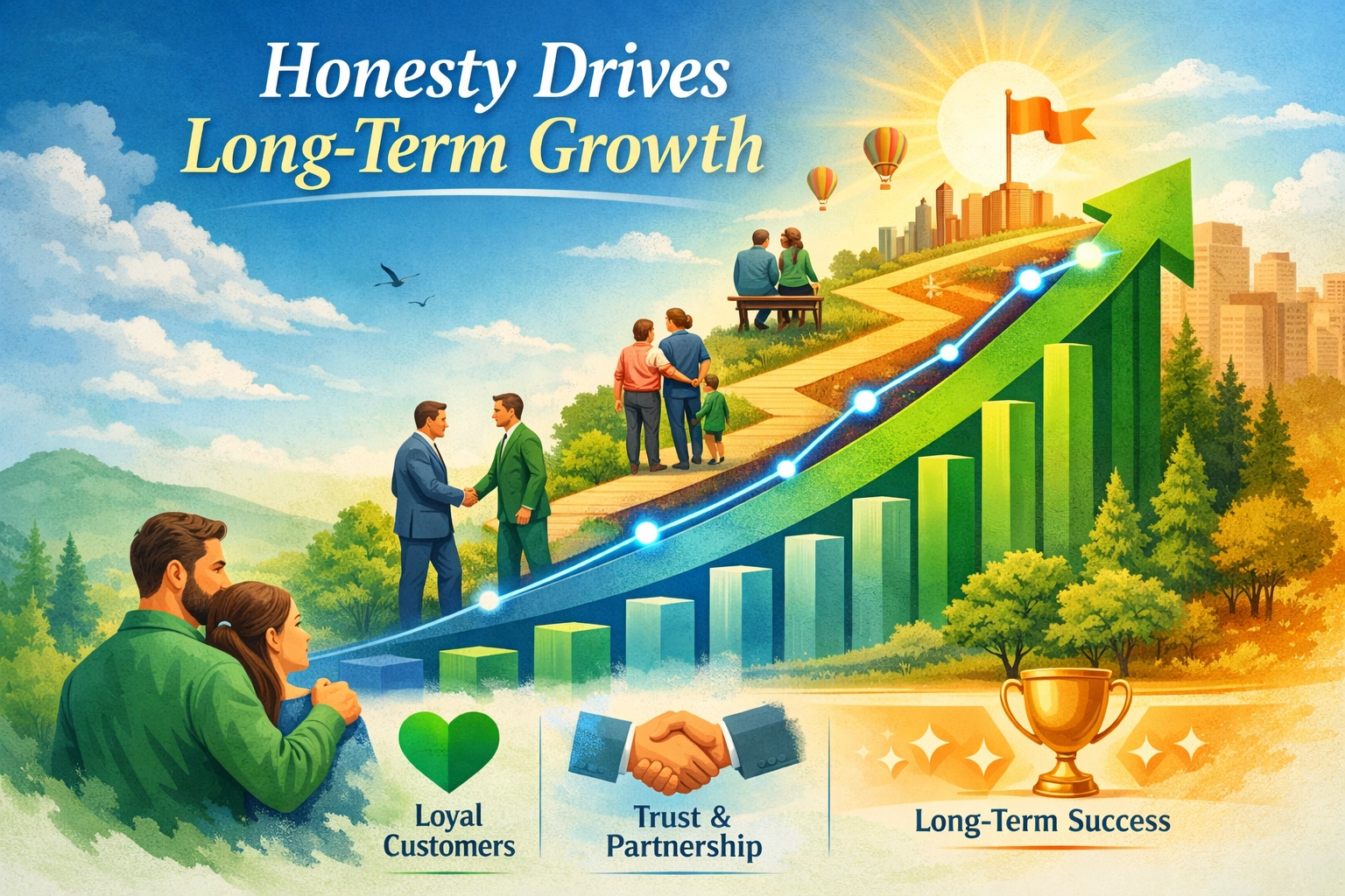 Ehrlichkeit treibt langfristiges Wachstum – Visualisierung einer Wachstumskurve mit Trend nach oben
