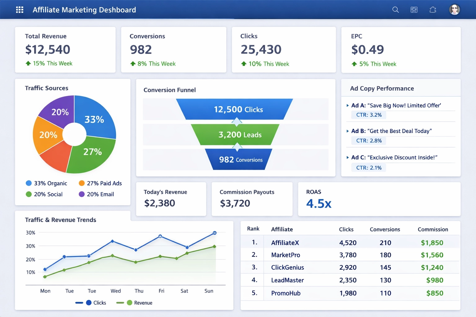 Modernes Affiliate-Marketing-Dashboard mit Traffic-Quellen, Conversions und Umsatzkennzahlen