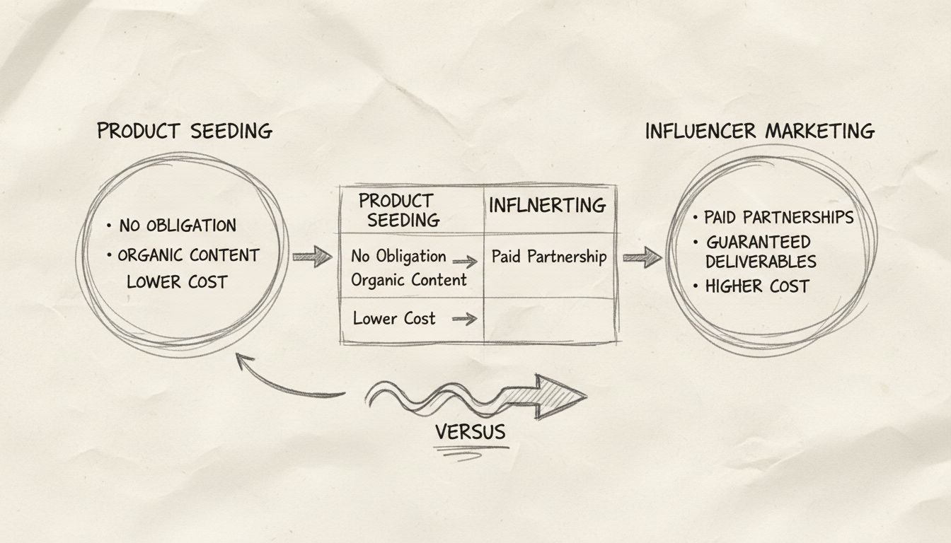 Comparison diagram of product seeding vs influencer marketing showing key differences