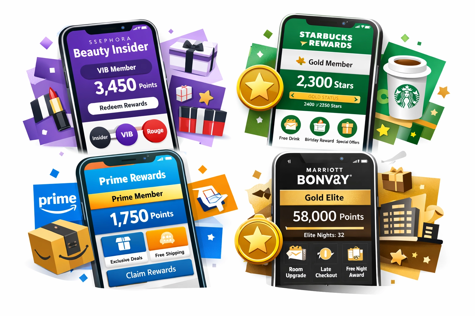 Collage berühmter Treueprogramm-Logos und -Oberflächen, darunter Sephora, Starbucks, Amazon Prime und Marriott