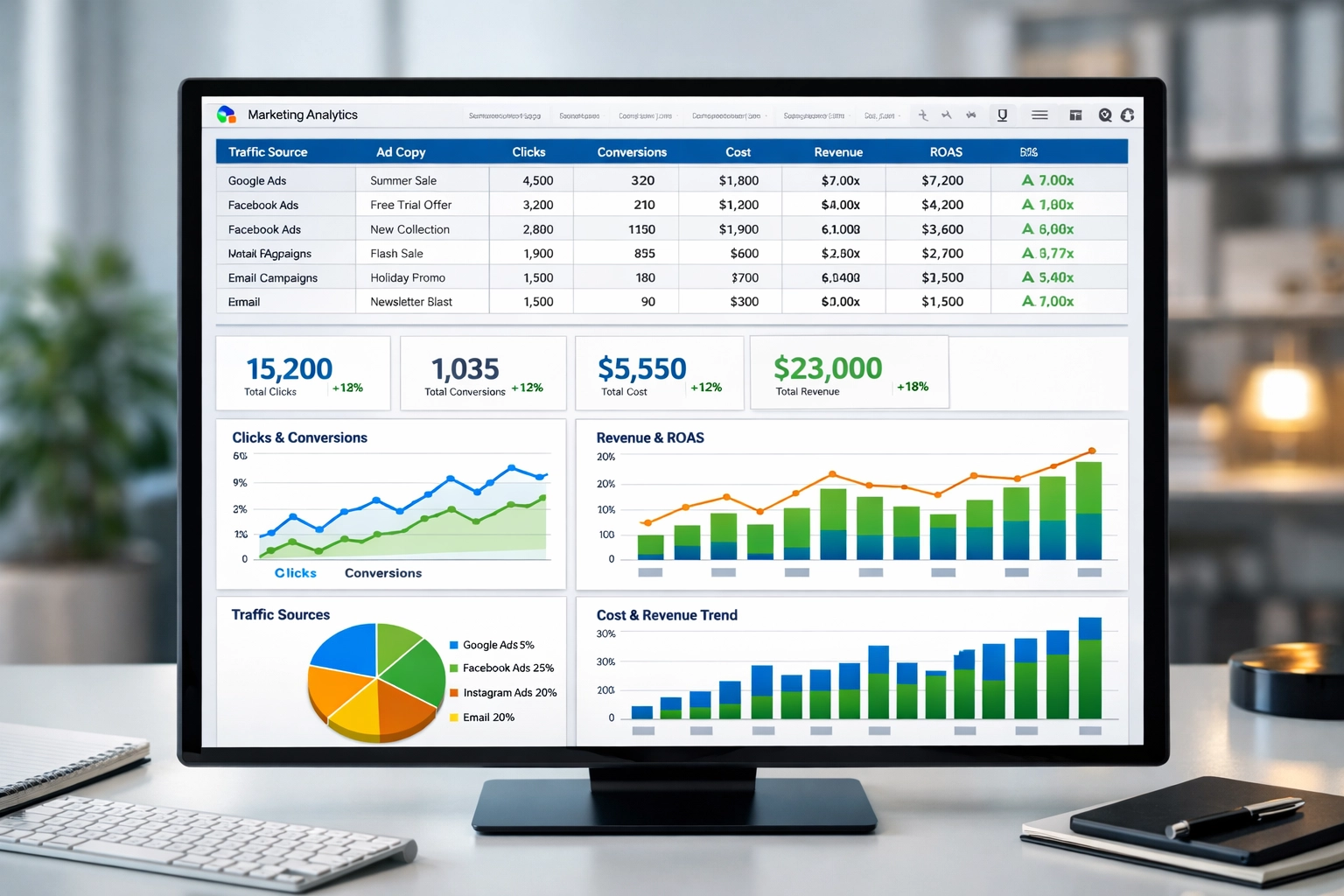 Professionelles Marketing-Analytics-Dashboard mit Traffic-Daten, Kennzahlen und Diagrammen