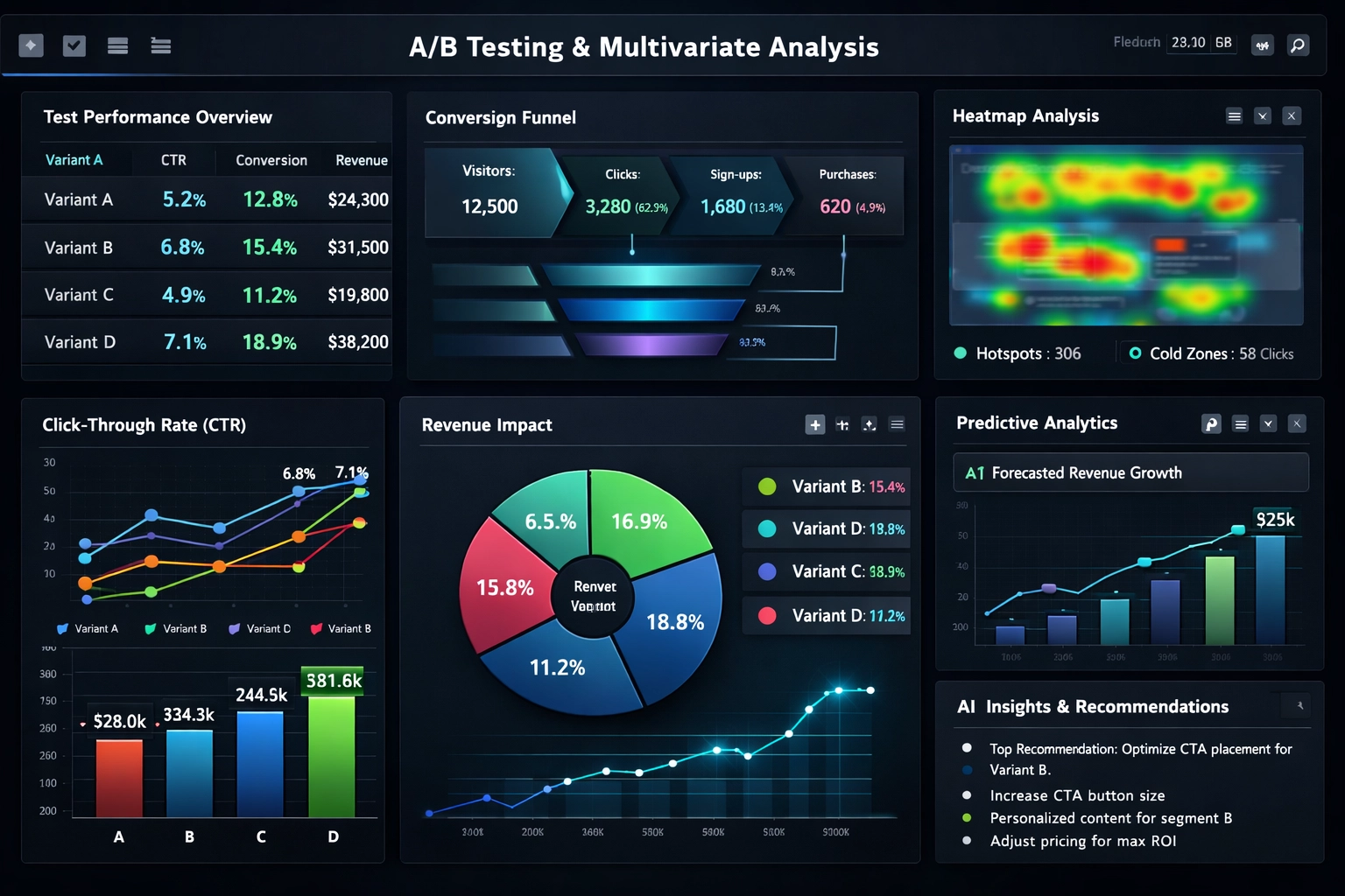 Erweitertes Analytics-Dashboard mit A/B-Testing-Kennzahlen, multivariaten Testergebnissen und Machine-Learning-Insights