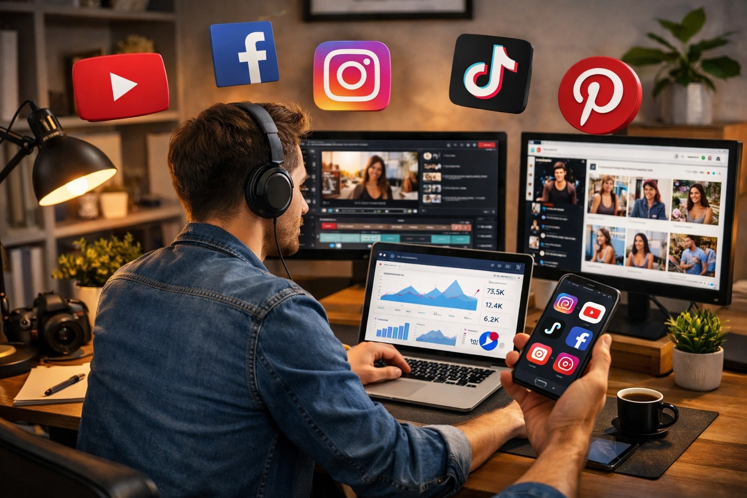 Content Creator verwaltet mehrere Social-Media-Plattformen für Affiliate-Marketing