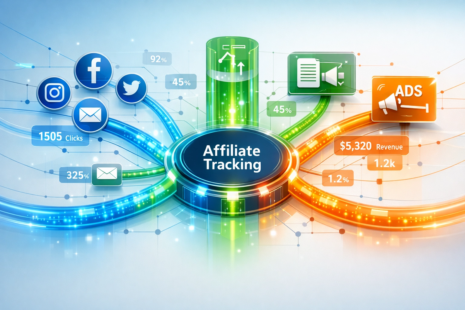 Netzwerk-Visualisierung des Affiliate-Link-Trackings mit verbundenen Datenströmen