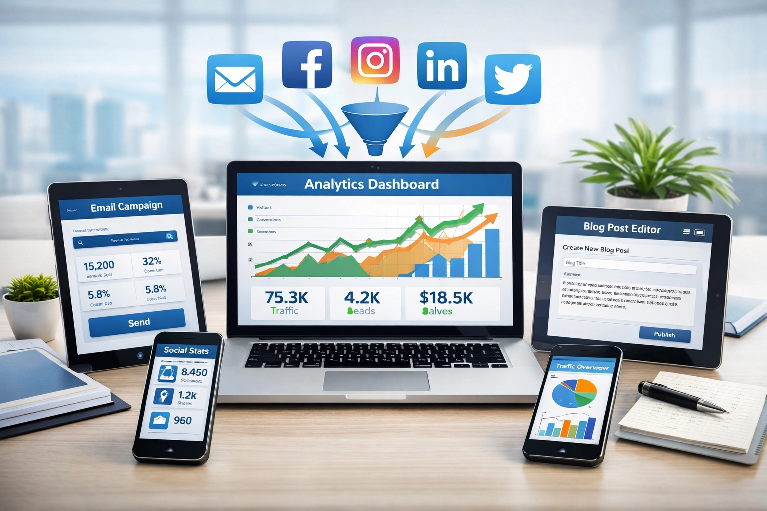 Digitales Marketing-Dashboard mit verschiedenen Traffic-Quellen und Analysekanälen