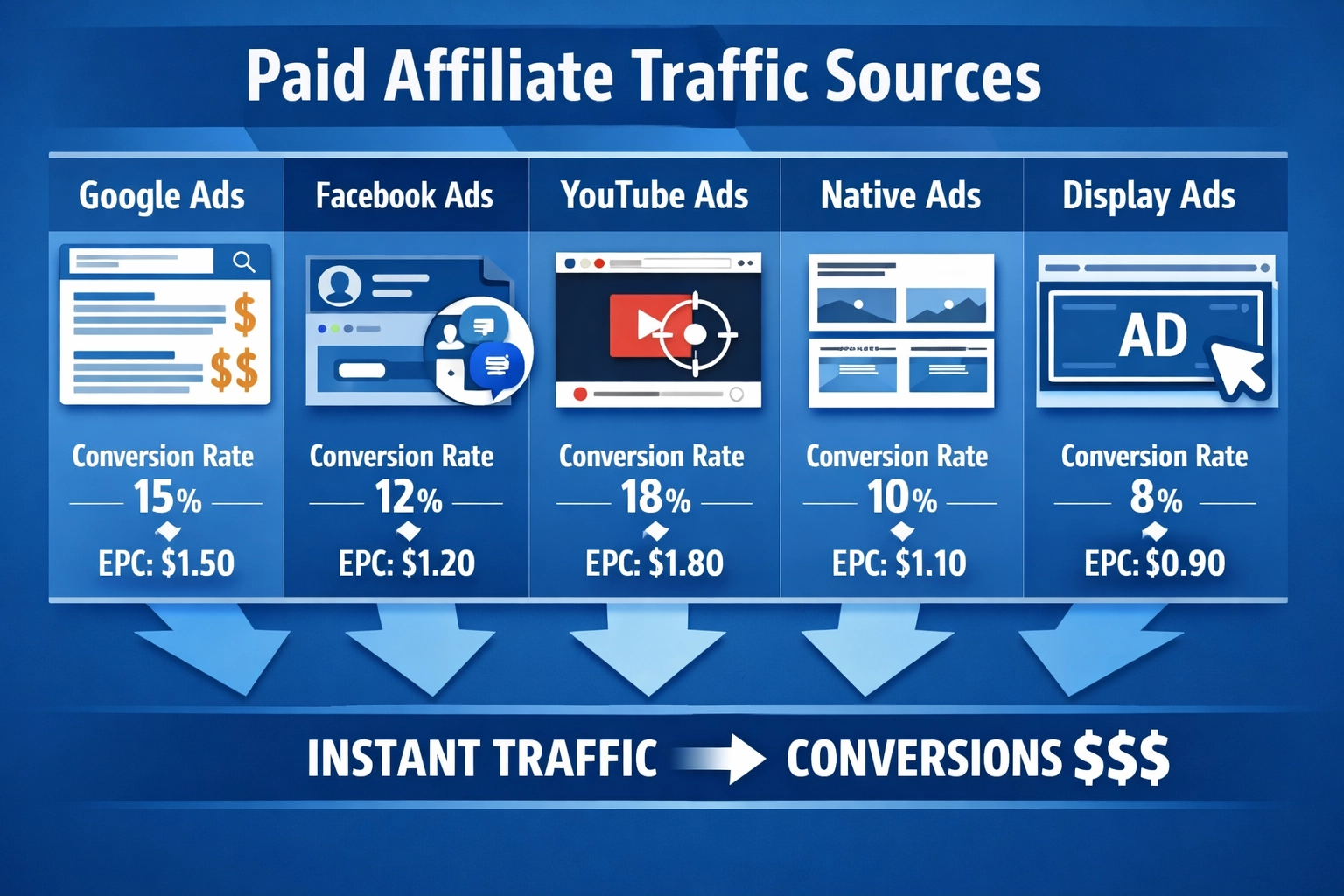 Paid affiliate traffic sources including Google Ads, Facebook, YouTube, native ads, and display