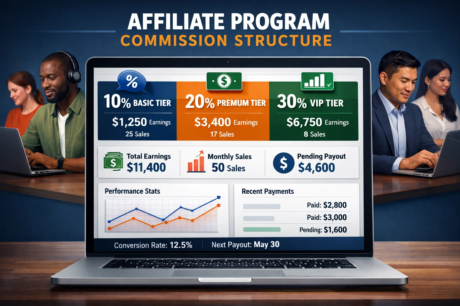Affiliate program commission dashboard showing different commission structures and earning potential