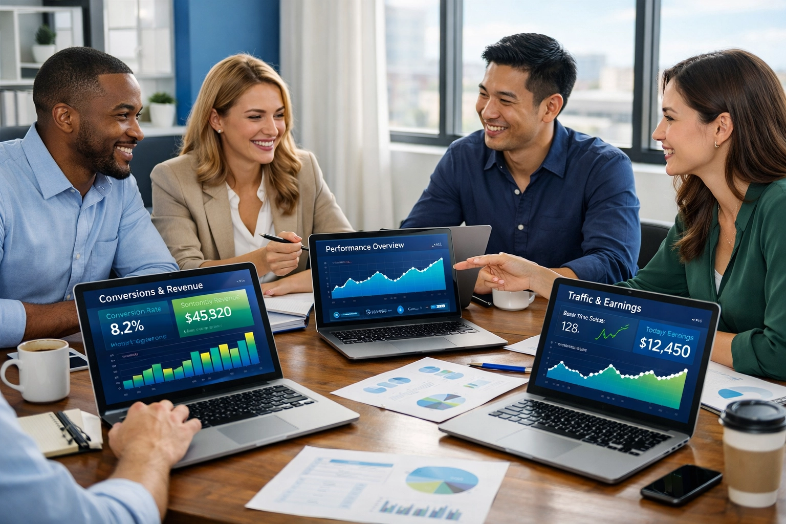 Professional team collaborating on affiliate marketing strategy