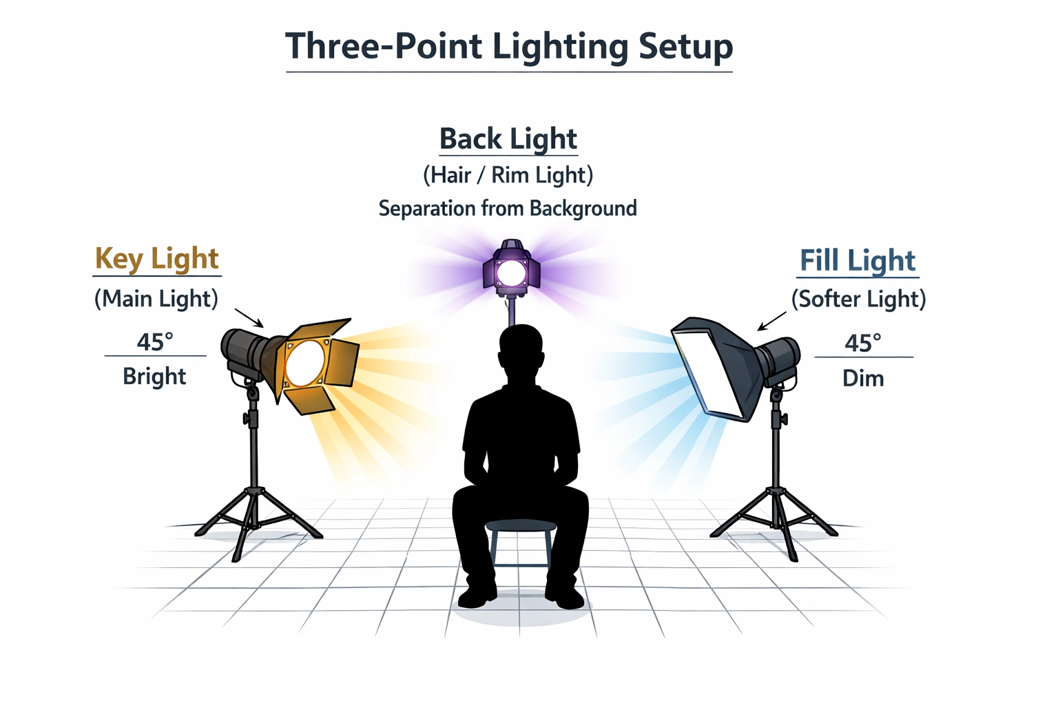 Dreipunkt-Beleuchtungsdiagramm für Videoproduktion mit Key Light, Fill Light und Back Light Positionierung