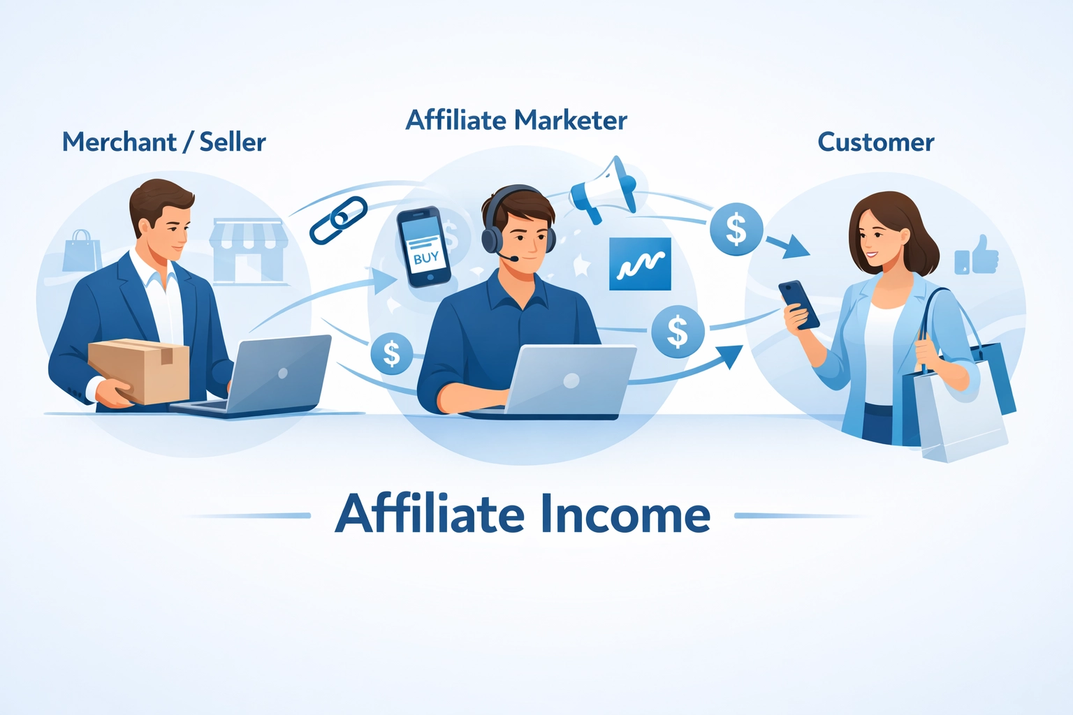 Affiliate-Marketing-Ökosystem mit Verbindung zwischen Händler, Affiliate und Kunde