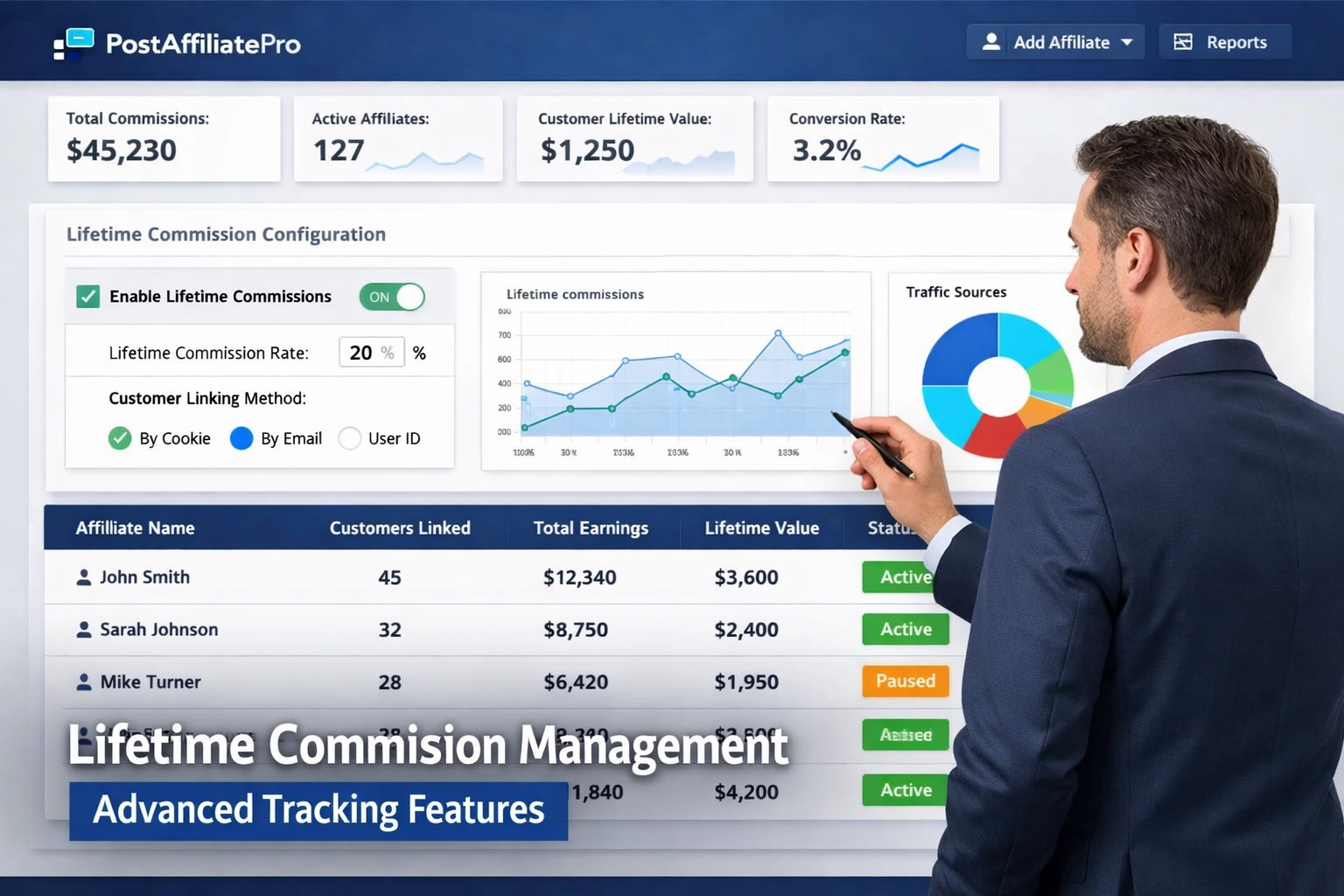 PostAffiliatePro-Dashboard mit Lifetime-Provisions-Konfiguration und Affiliate-Performance-Metriken