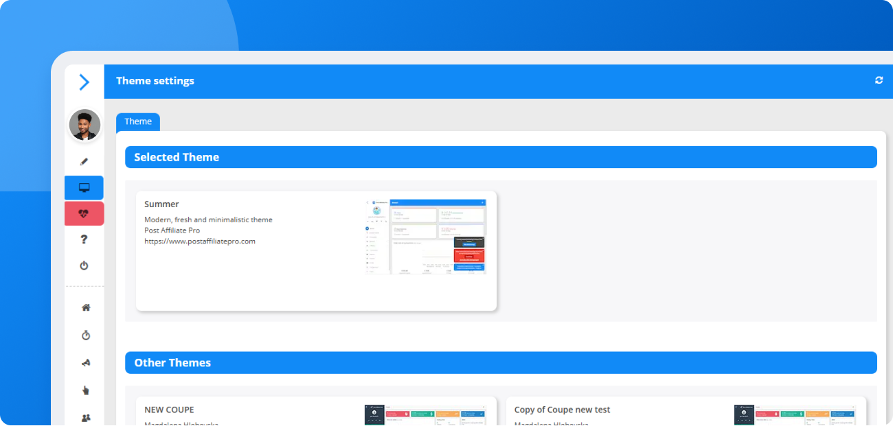 Vorschau auf das Post Affiliate Pro Sommer-Theme für Händler- und Affiliate-Panels, mit einem modernen blauen Layout und aufgefrischten UI-Elementen