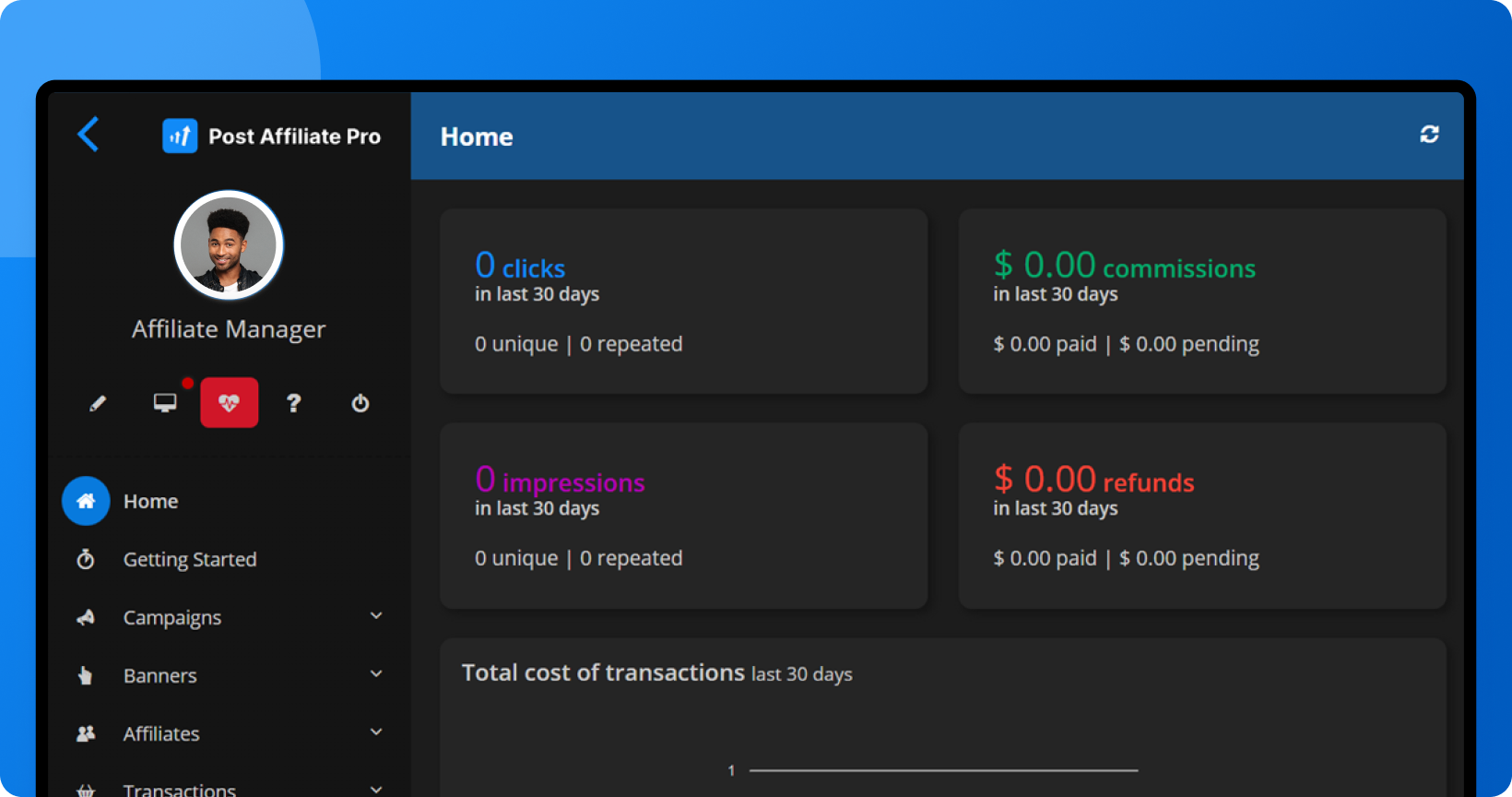Vorschau des Post Affiliate Pro Summer Theme im Dark Mode, angewendet auf Merchant- und Affiliate-Panels