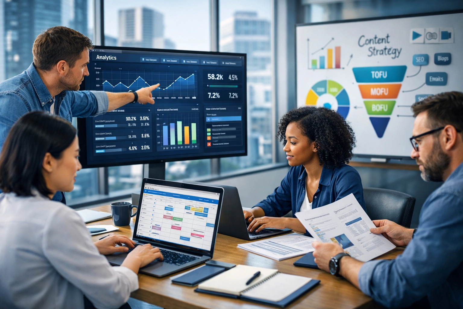 B2B SaaS Content-Marketing-Team-Kollaboration im modernen Büro mit Analytics-Dashboard