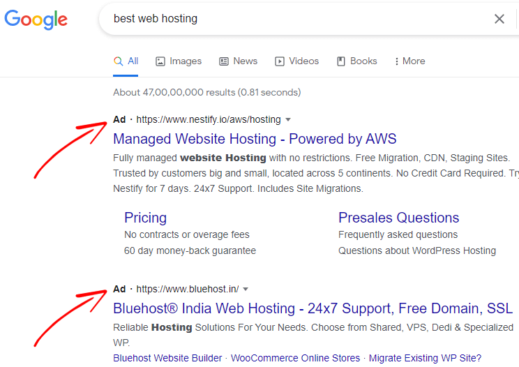 Example of paid traffic ads on Google
