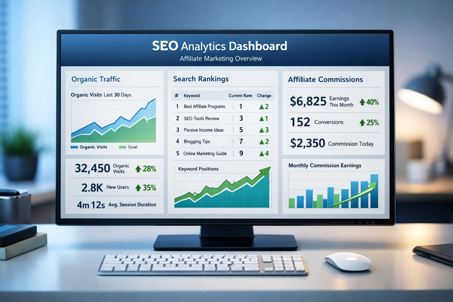SEO-Analytics-Dashboard mit organischem Traffic-Wachstum und Affiliate-Marketing-Kennzahlen