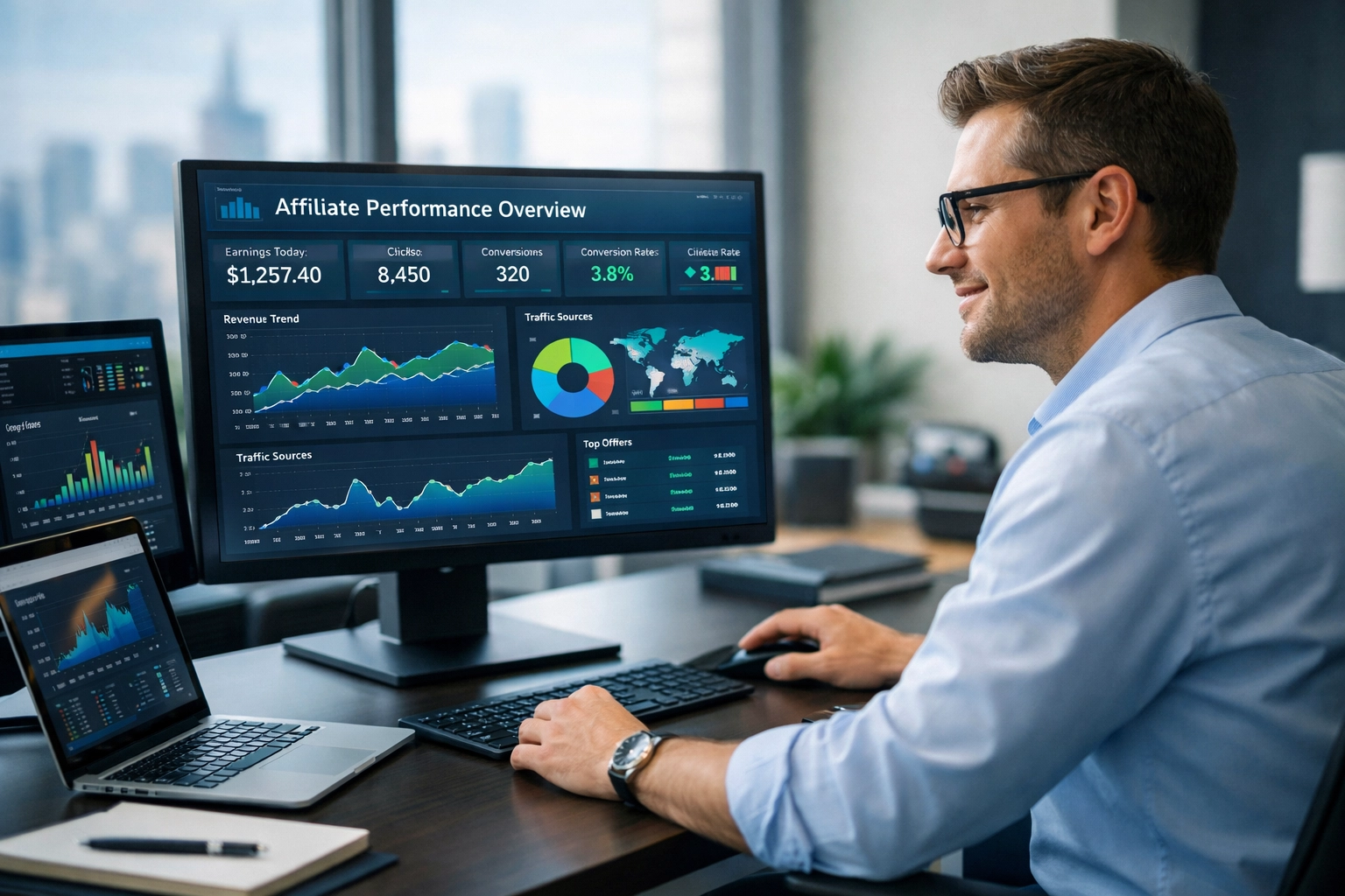 Professional affiliate marketer working with advanced analytics dashboard