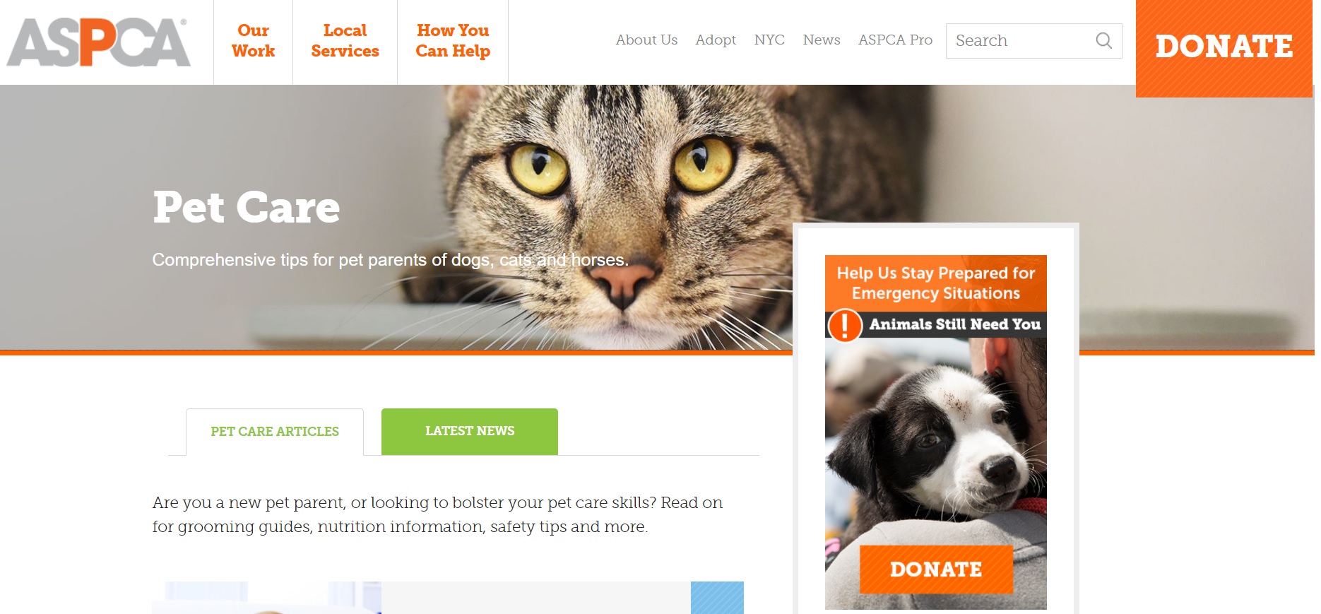 ASPCA Pet Care website screenshot