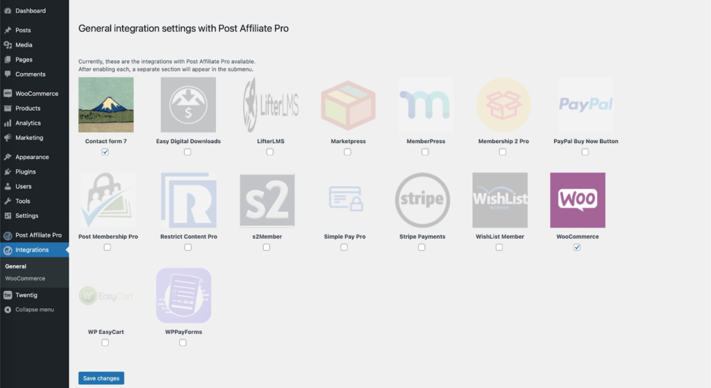 Screenshot of Post Affiliate Pro’s affiliate plugin integration settings