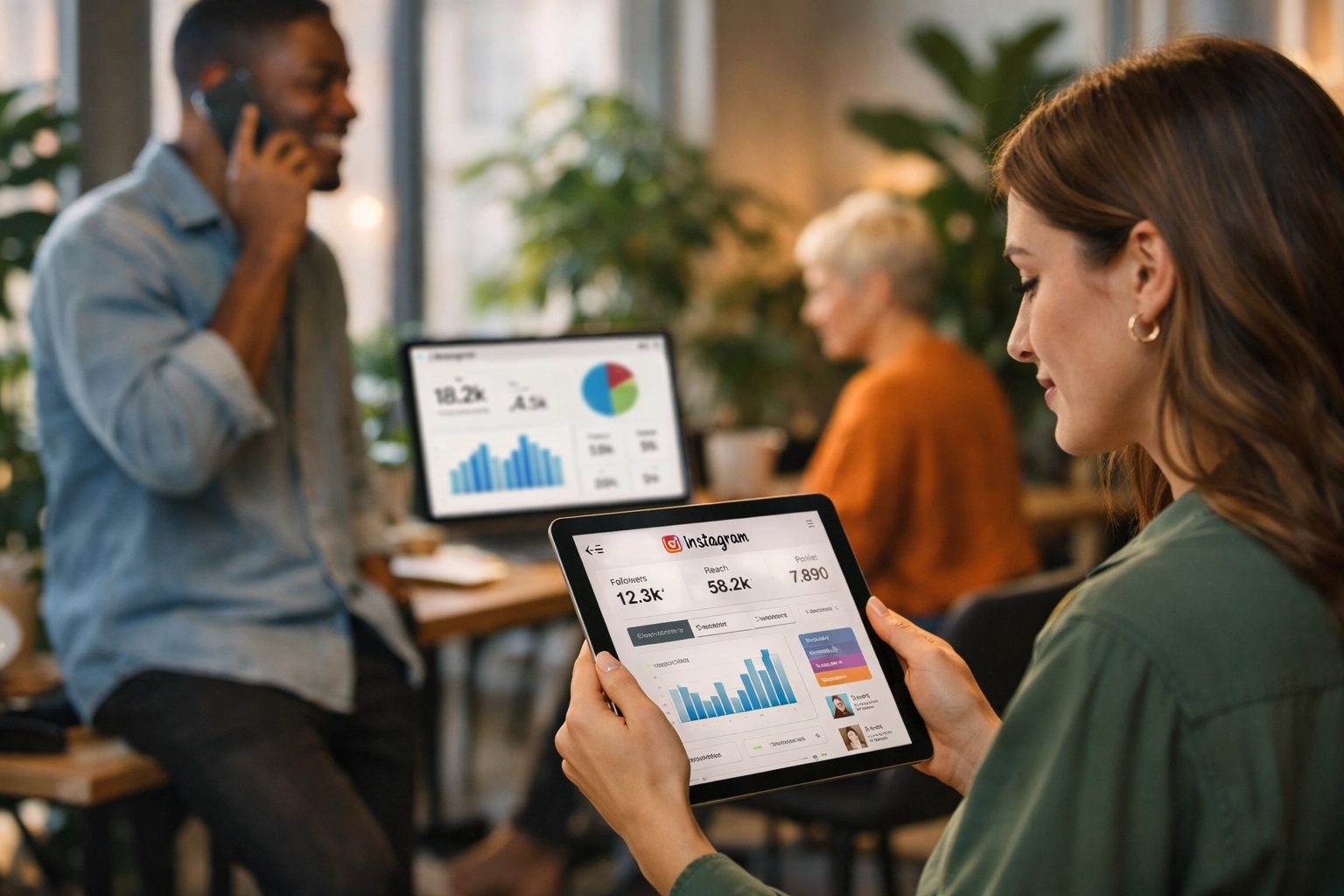 Professionelles Instagram-Marketing-Team arbeitet mit Analytics-Dashboards