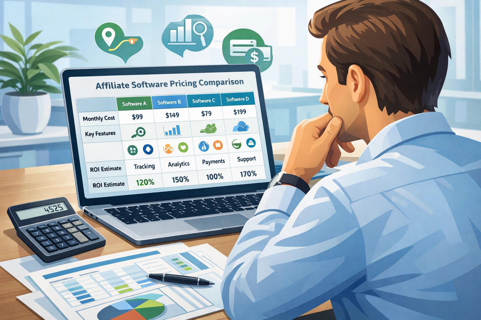 Business-Professional beim Vergleich von Affiliate-Software-Preisen am Computer